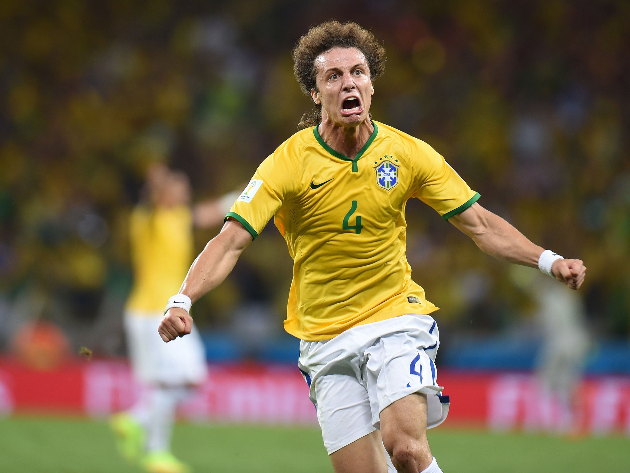 David Luiz celebrates his stunning 35-yard free-kick in Brazil's win against Colombia