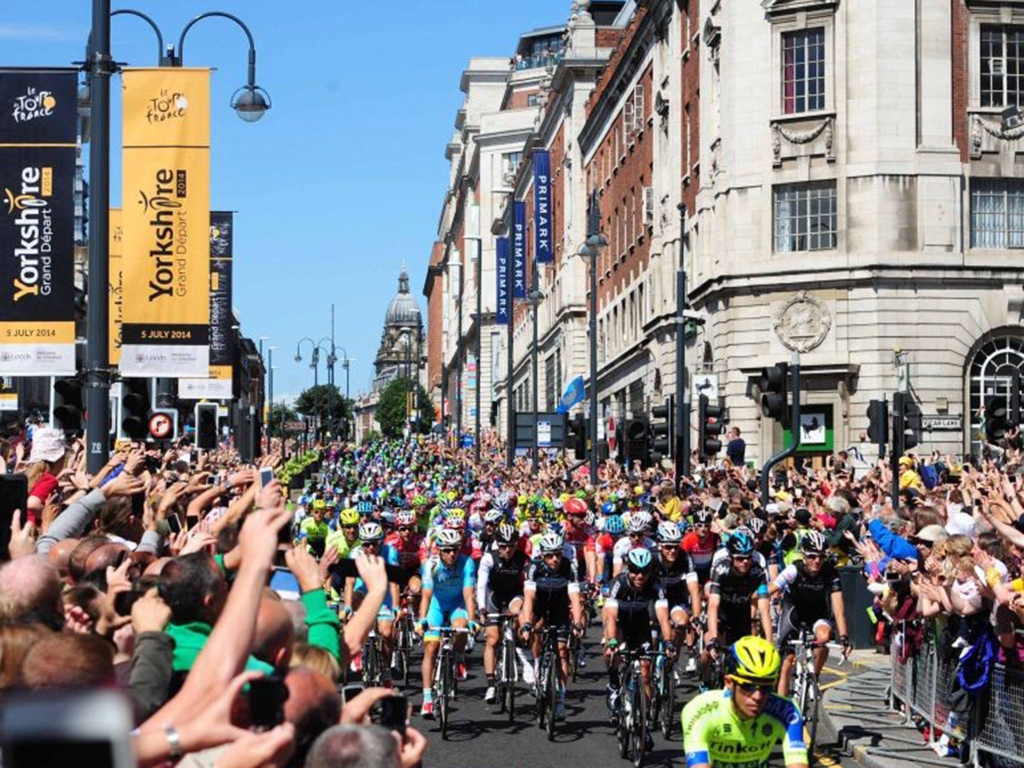 Mark Cavendish and Chris Froome (front) lead the Grand Depart at the ceremonial start of The Tour De France in Yorkshire