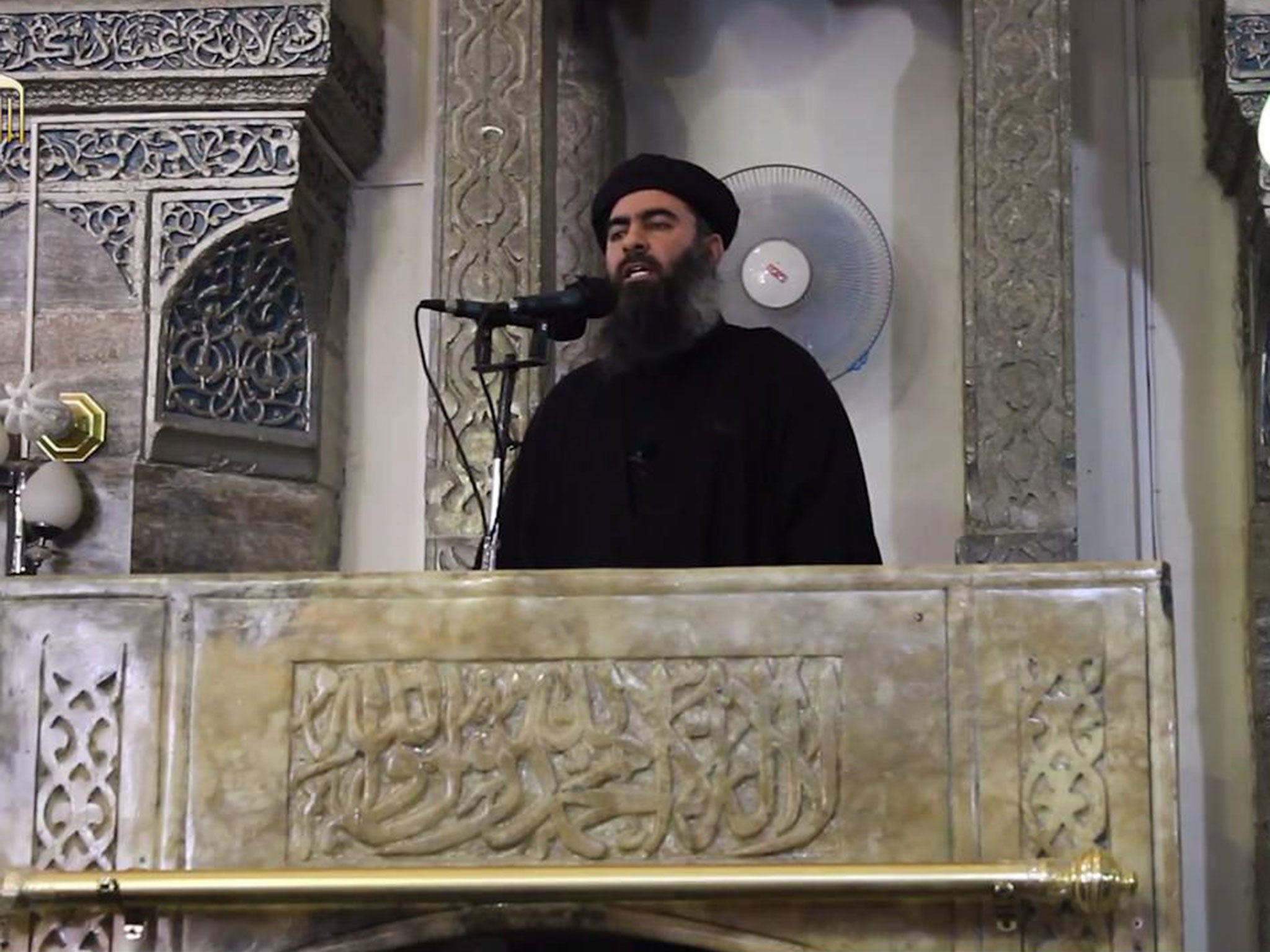 Abu Bakr al-Baghdadi speaking at the Grand Mosque in Mosul on 29 June 2014