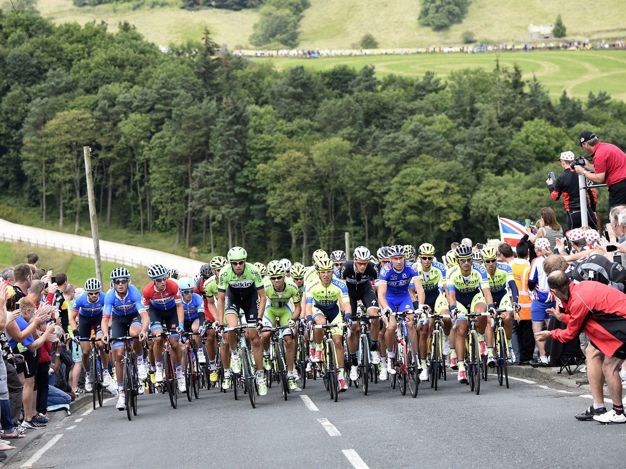 The pack rides during the 201 km second stage of the 101th edition of the Tour de France cycling race on July 6, 2014 between York and Sheffield