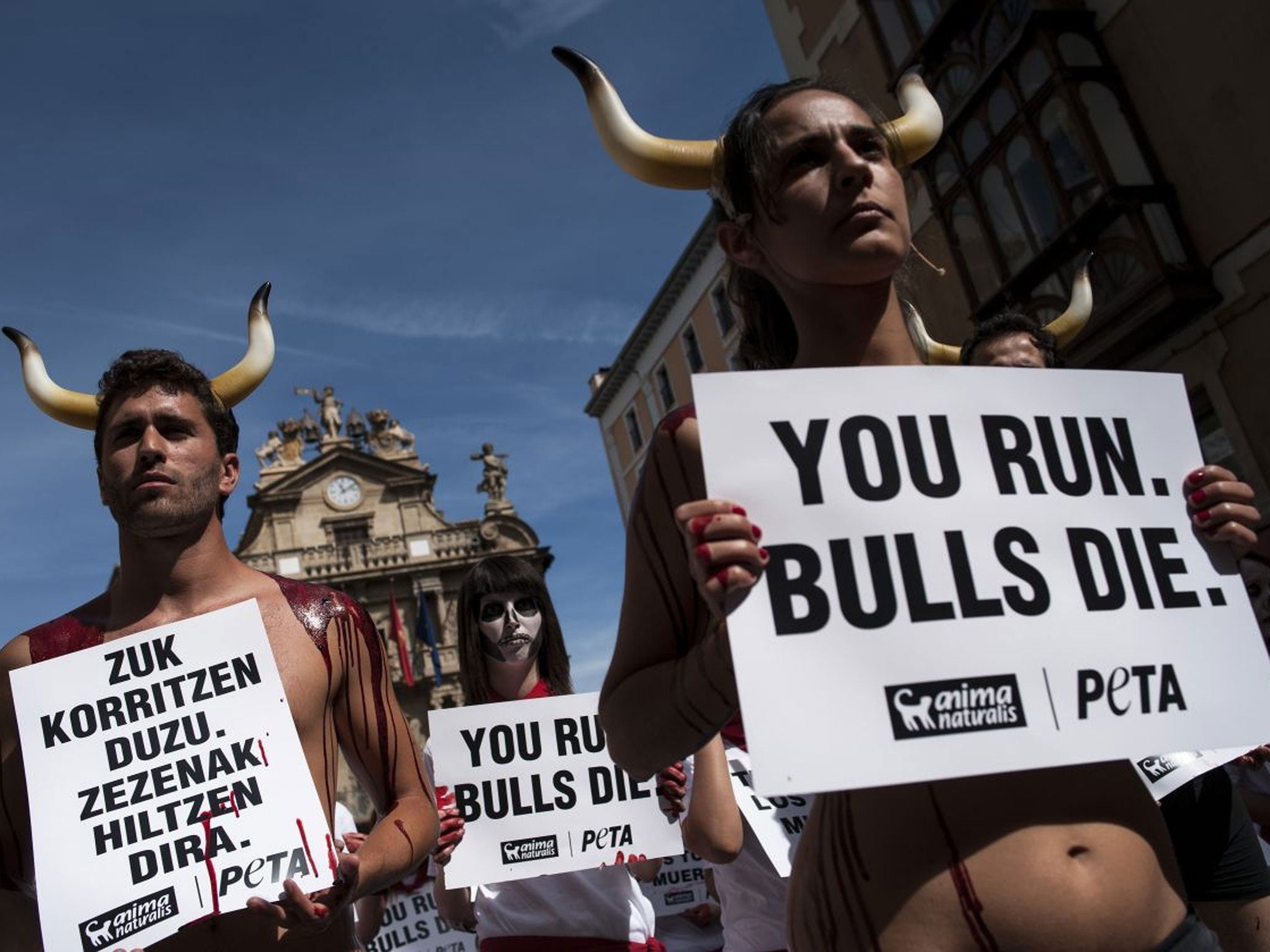 Anti-bullfighting demonstrators protest against the bulls runs