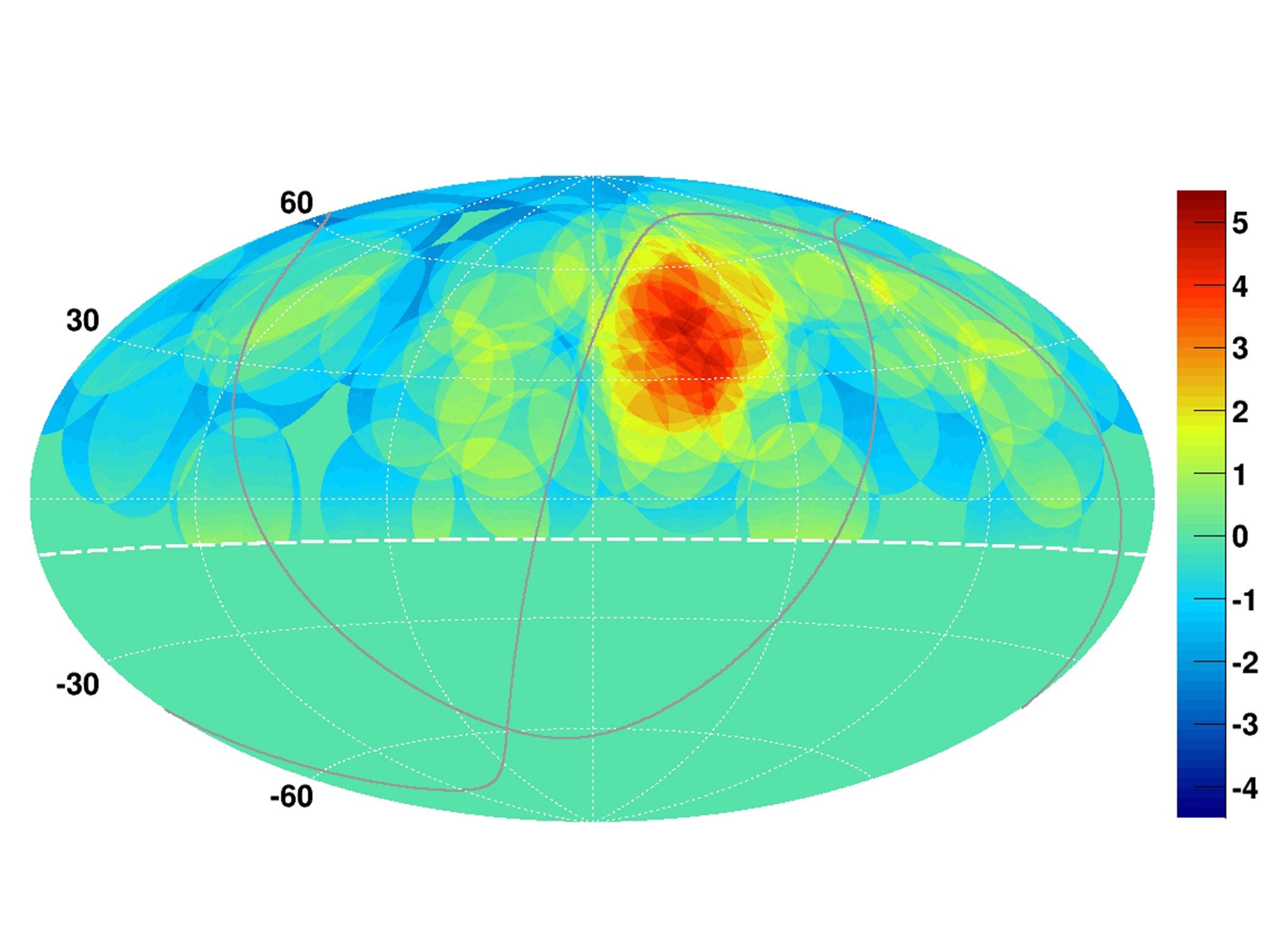 This map of the northern sky shows cosmic ray concentrations, with a “hotspot” shown in red and yellow