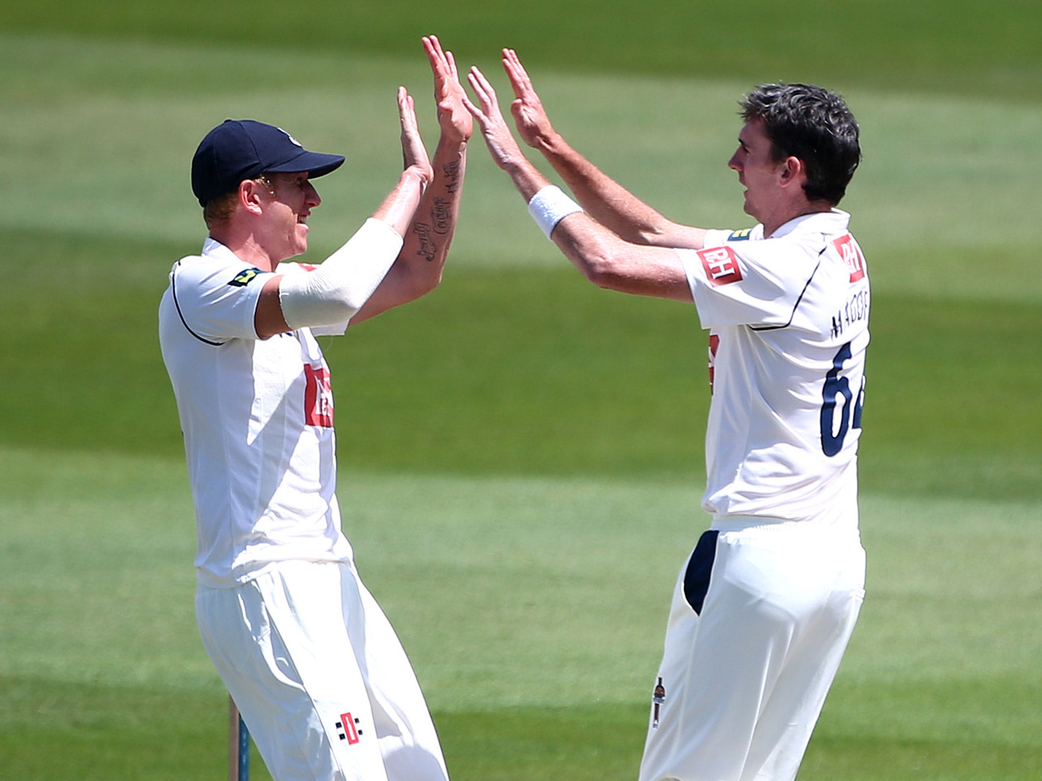 Steve Magoffin of Sussex celebrates with team mate Luke Wells