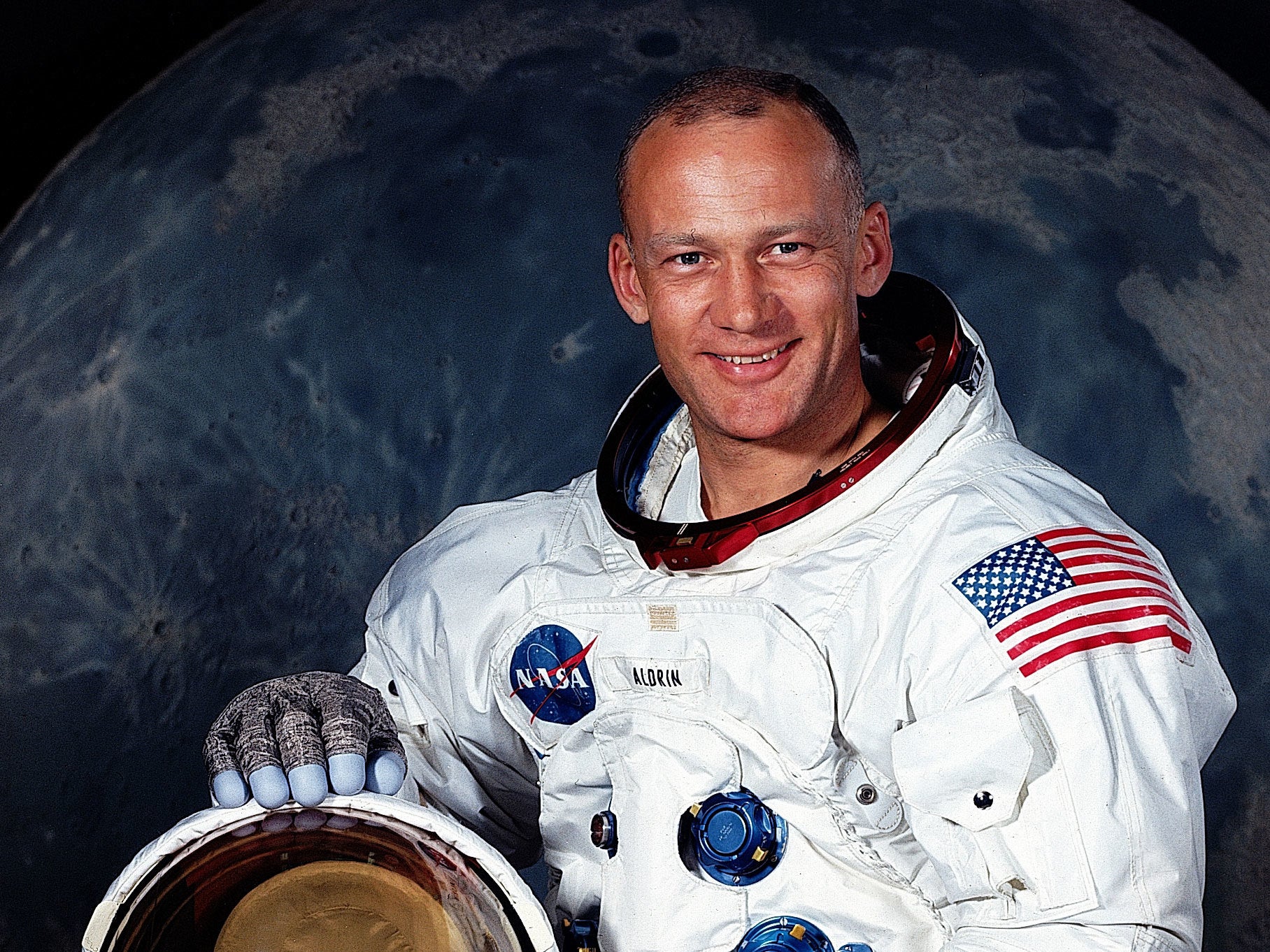 U.S. astronaut Edwin E. 'Buzz' Aldrin, Jr., Lunar Module pilot on Apollo 11, poses for a portrait taken in July 1969. He and mission Commander Neil Armstrong were the first persons to land on the Moon.