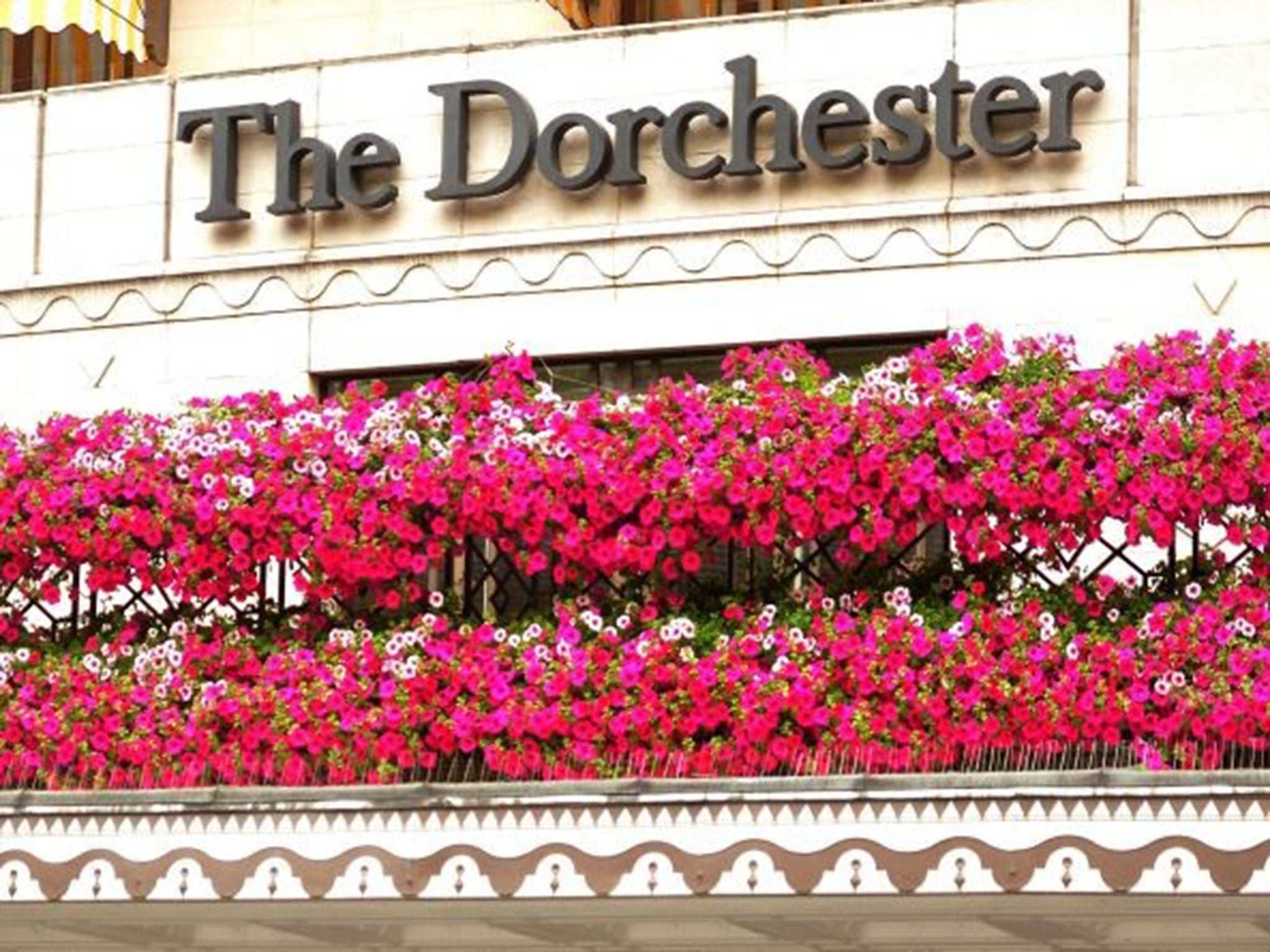 The main entrance to the Dorchester Hotel in Park lane, central London