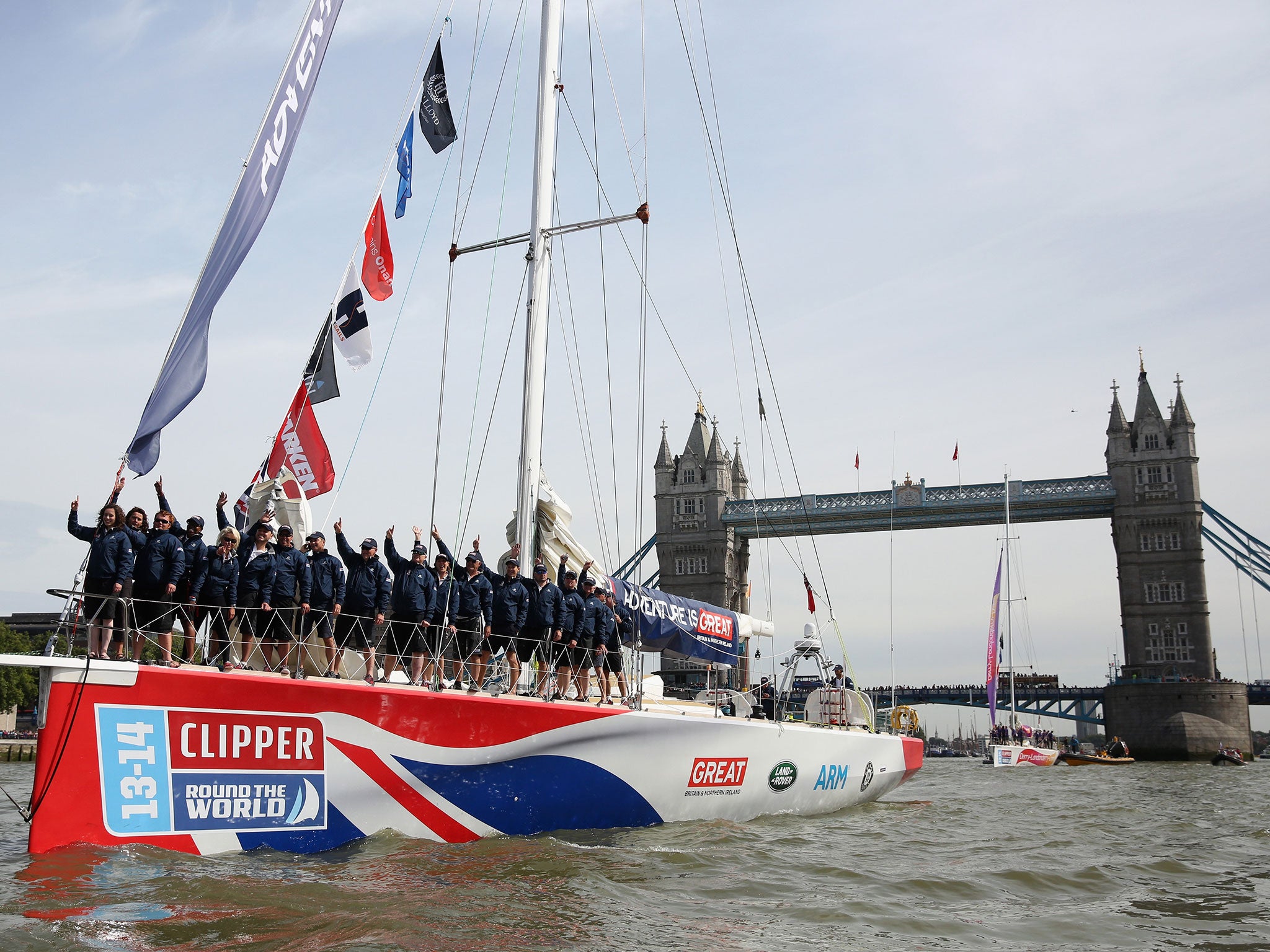 The 'GREAT Britain' yacht departs from St Katharine Docks for the start of the 'Clipper 2013-14 Round the World Yacht Race' on 1 September, 2013 in London, England.