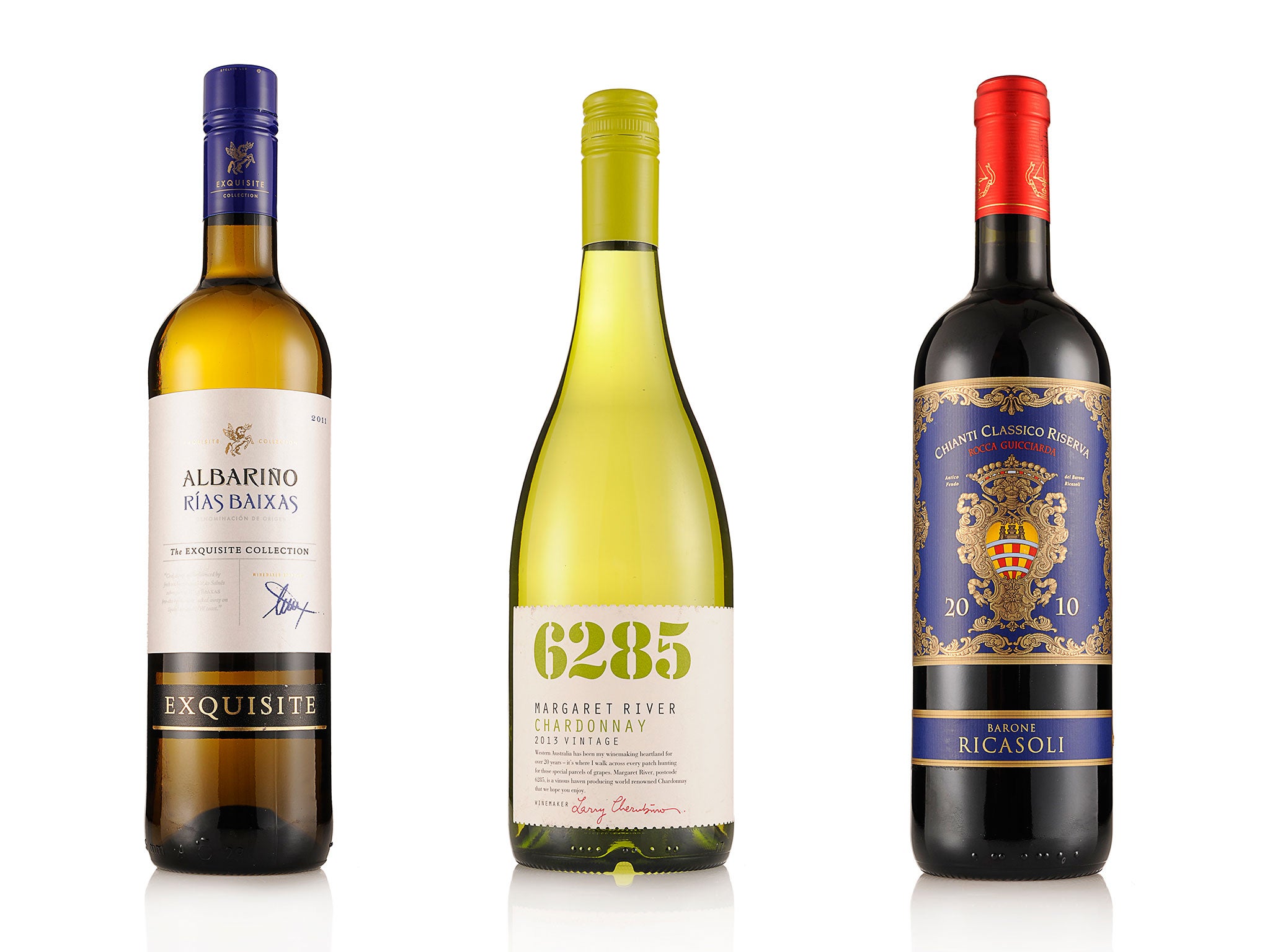 2013 The Exquisite Collection Rias Baixas Albariño; 2013 6285 Margaret River Chardonnay; 2010 Ricasoli Rocca Guicciarda Chianti Classico Riserva