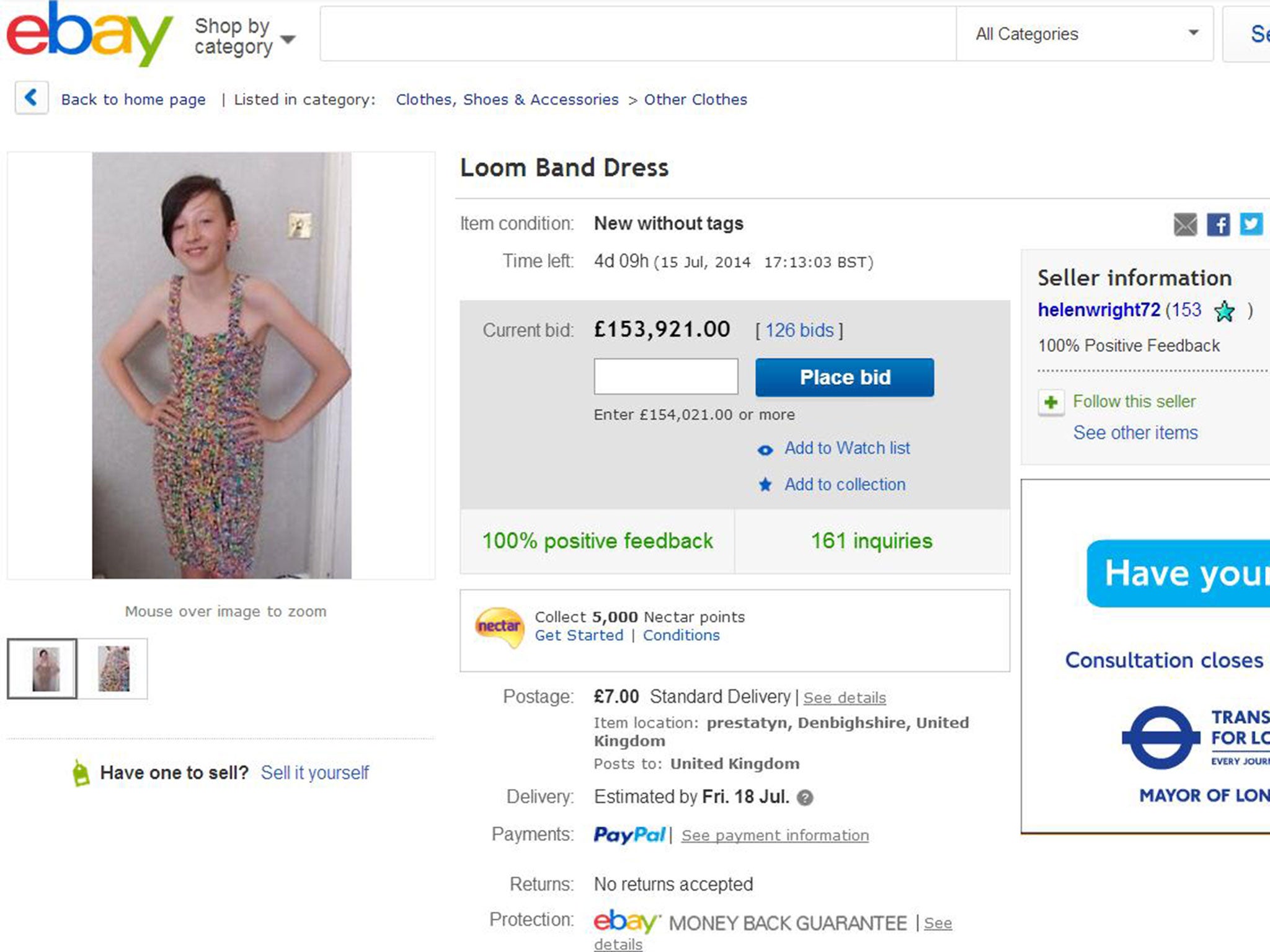 The loom band dress was listed on eBay