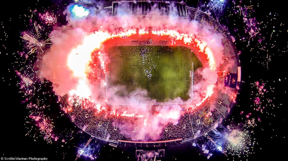 3rd Prize: A football stadium in Sofia, Bulgaria is lit up for a 100th anniversary game.