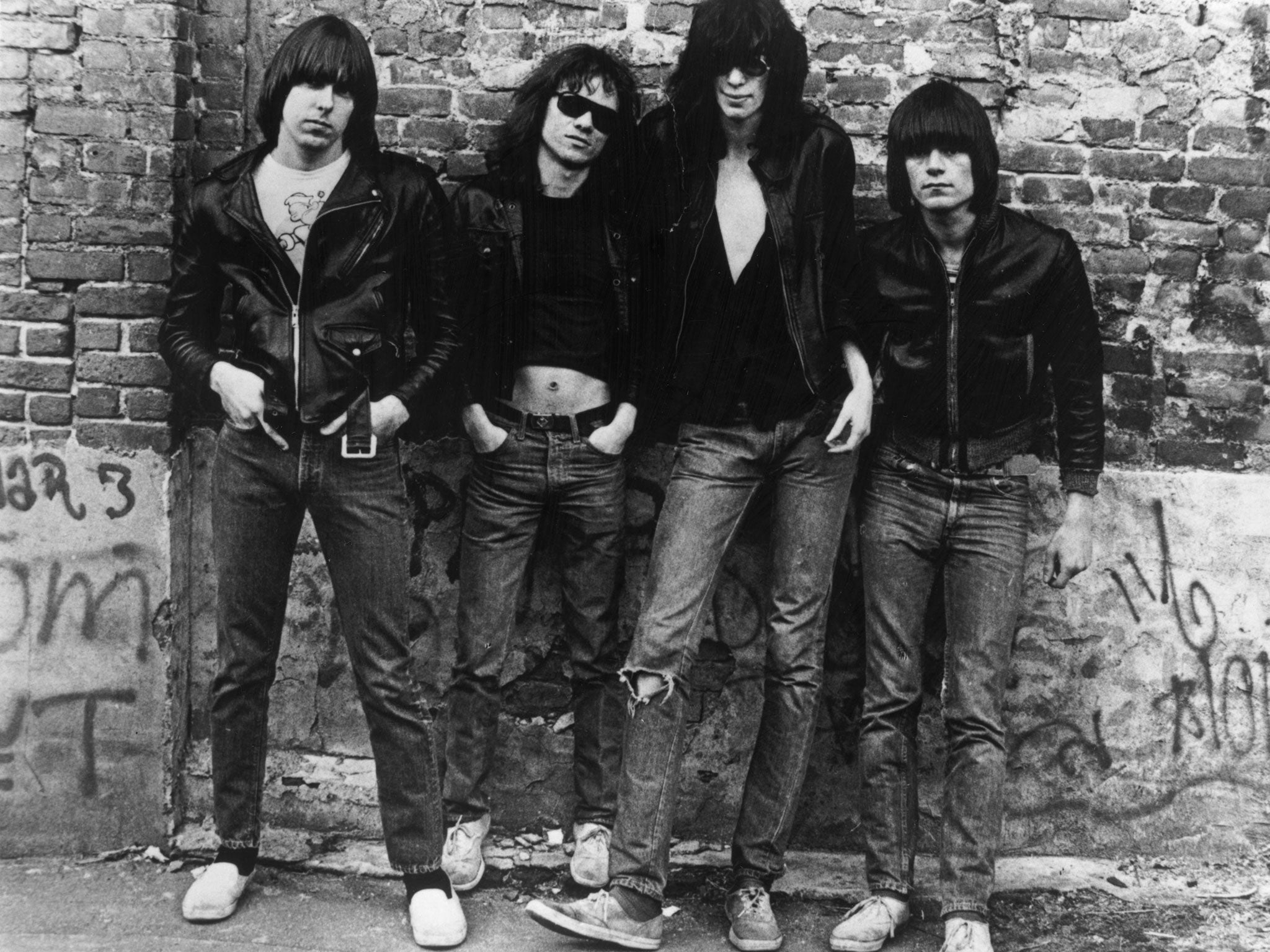 American punk rock group The Ramones. Left to right: Johnny Ramone (1948 - 2004) Tommy Ramone, Joey Ramone (1951 - 2001) and Dee Dee Ramone (1952 - 2002).