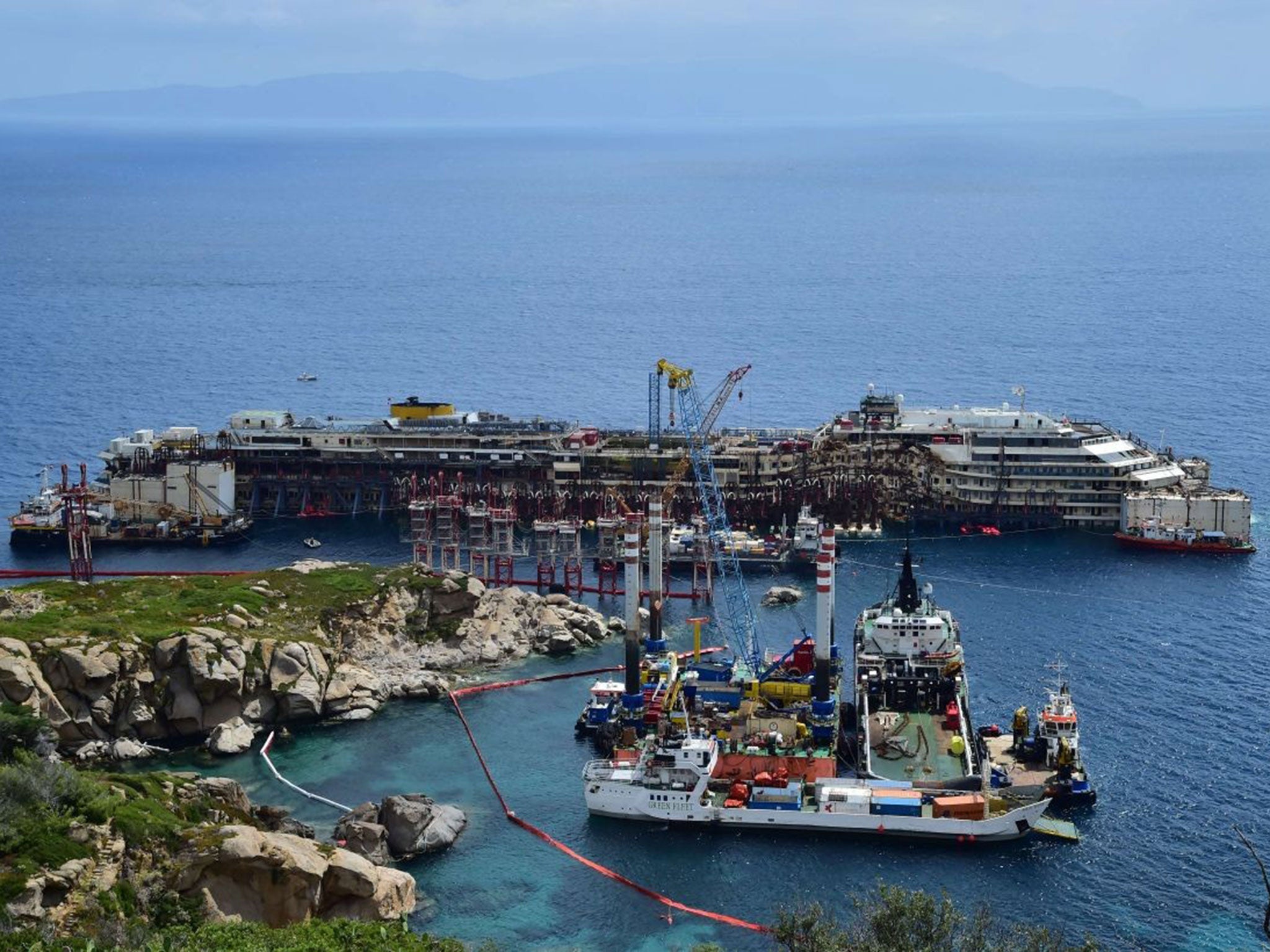 The upright Costa Concordia off the coast of Giglio Island