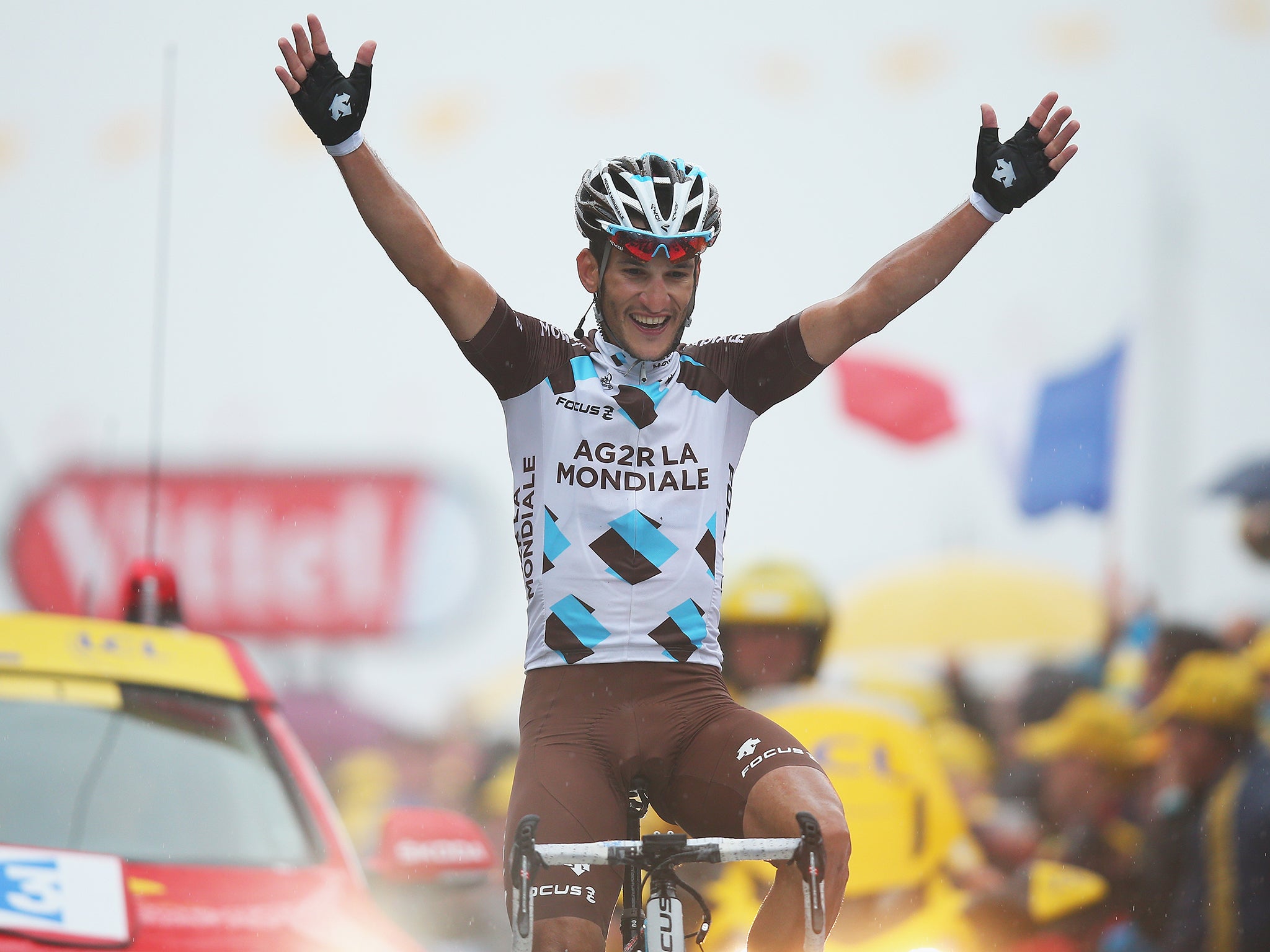 Blel Kadri celebrates winning stage eight of the Tour de France