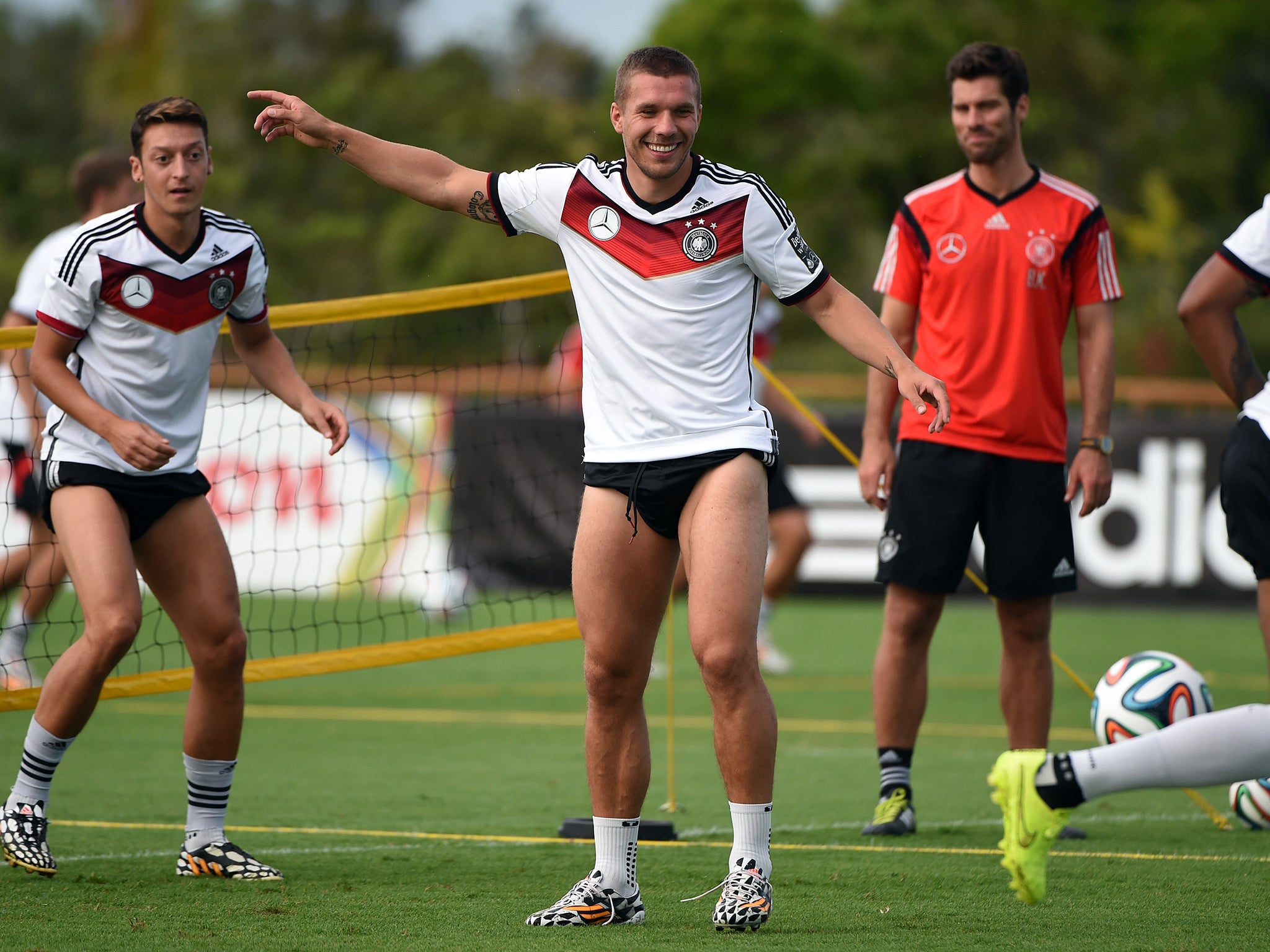 Lukas Podolski takes part in a training session ahead of the World Cup final