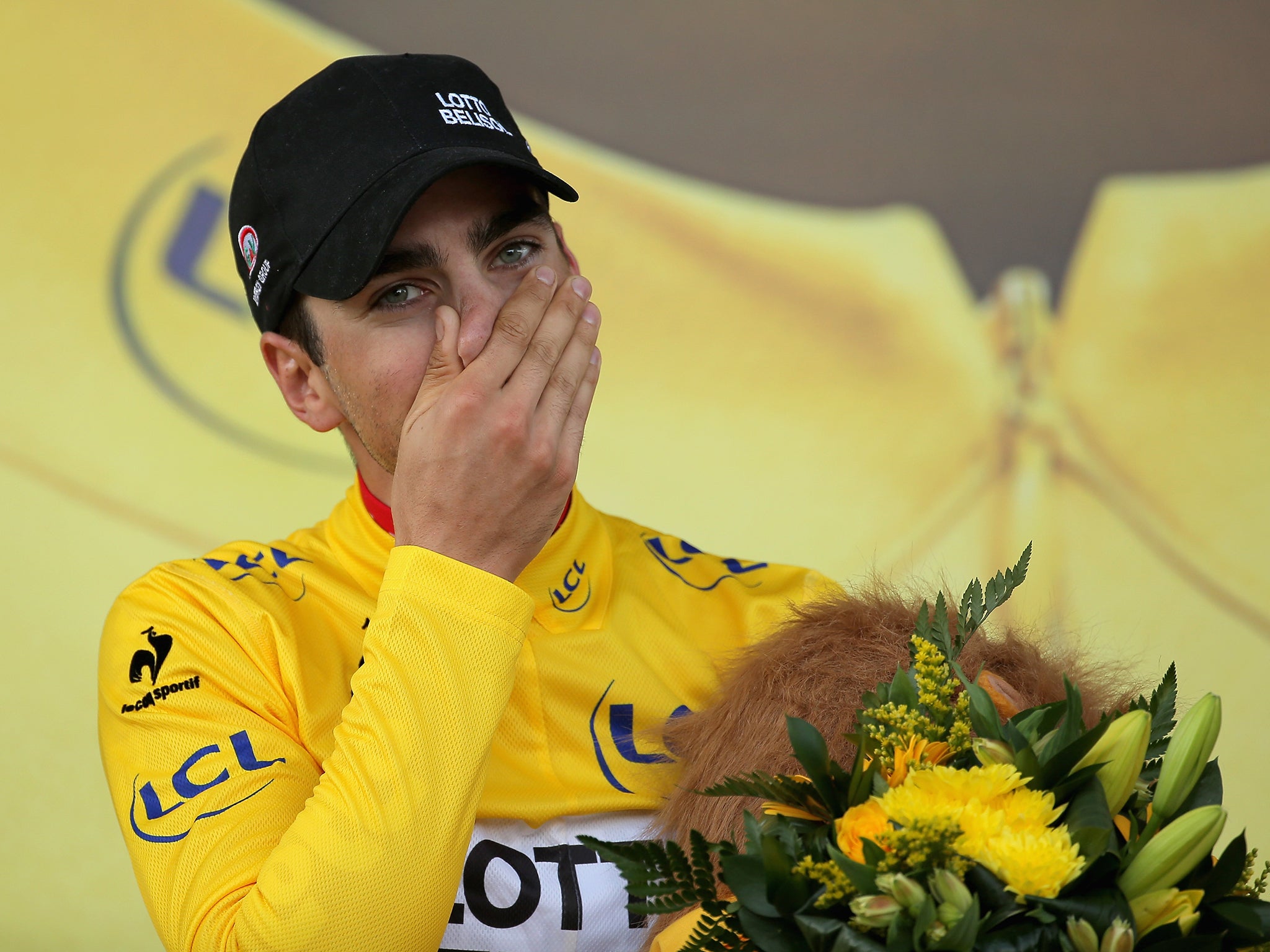 Frenchman Tony Gallopin puts on the yellow jersey