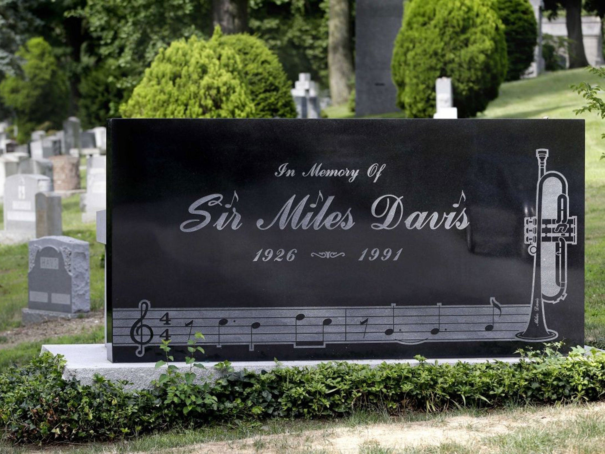 The headstone of jazz great Miles Davis at Woodlawn Cemetery in New York