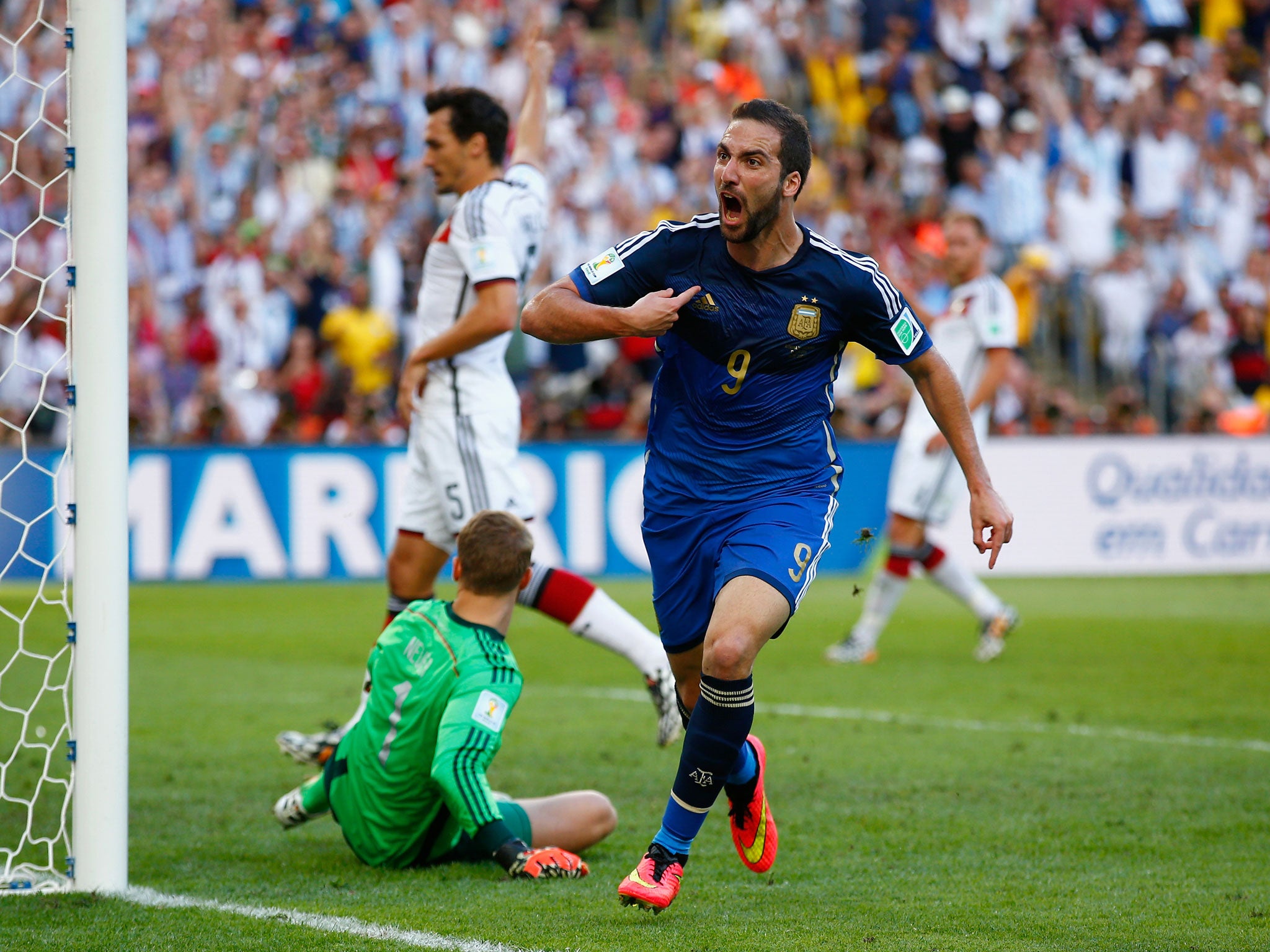 Higuain celebrates before finding out his goal was disallowed