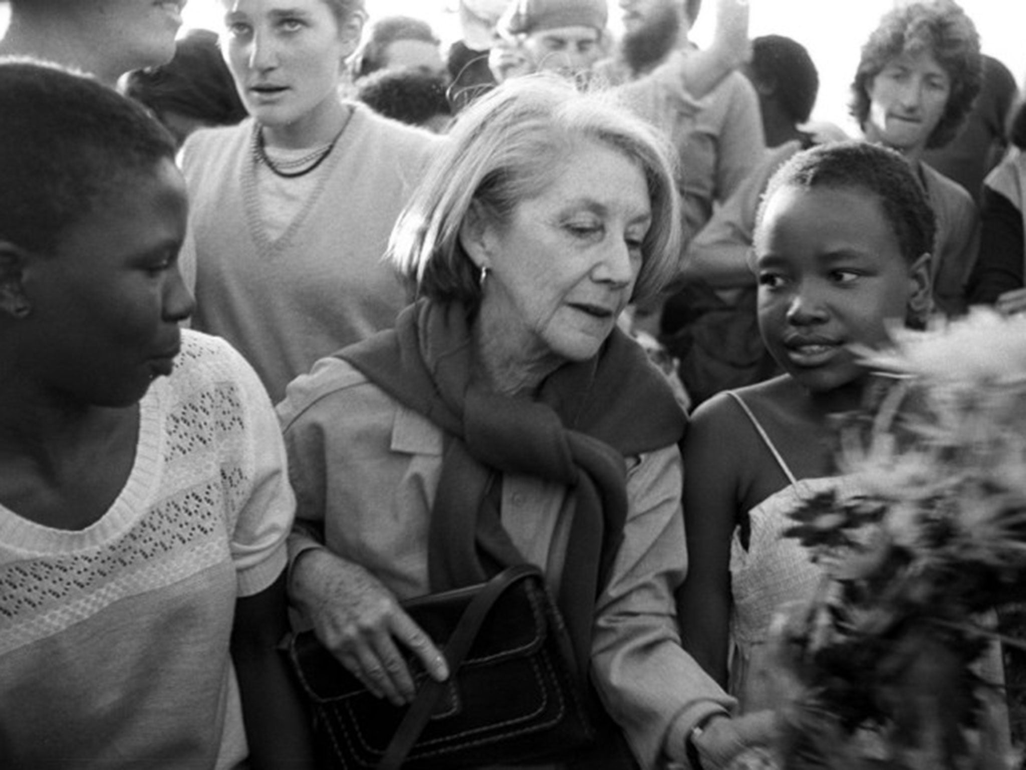 Nadine Gordimer visiting the Alexandra township in 1986 to lay wreaths at the graves of victims of political unrest