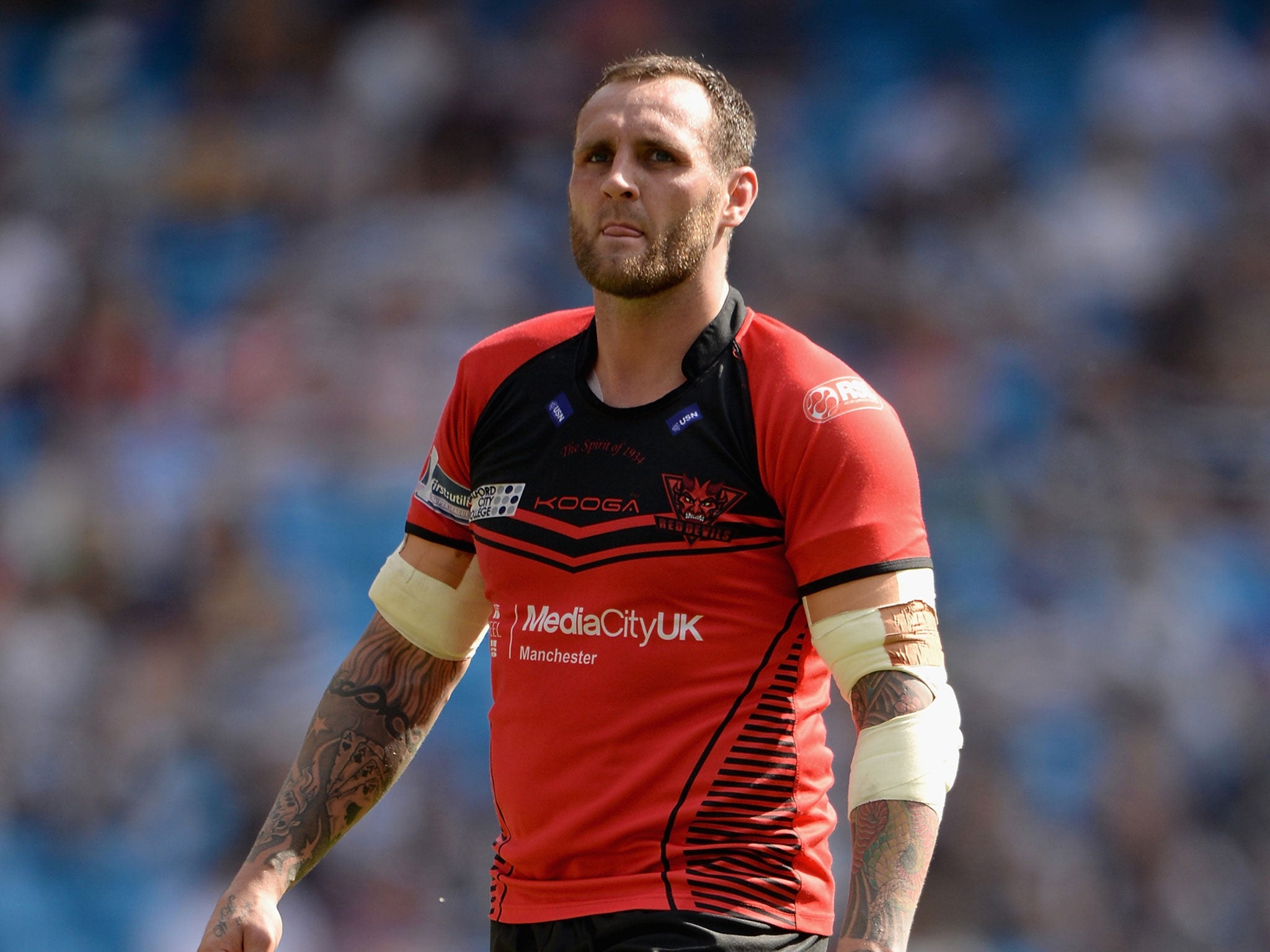 Gareth Hock of Salford Red Devils during the Super League match between Widnes Vikings and Salford Red Devils at Etihad Stadium on May 17, 2014