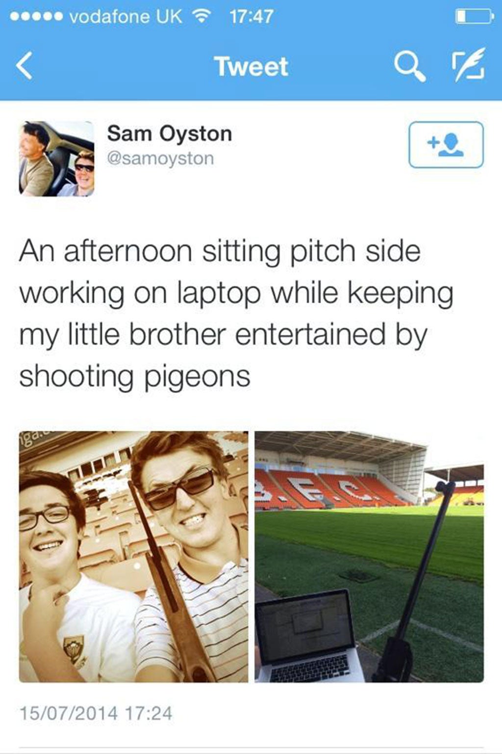 Sam Oyston, son of Blackpool chairman Karl Oyston, posted this tweet before later deleting it.