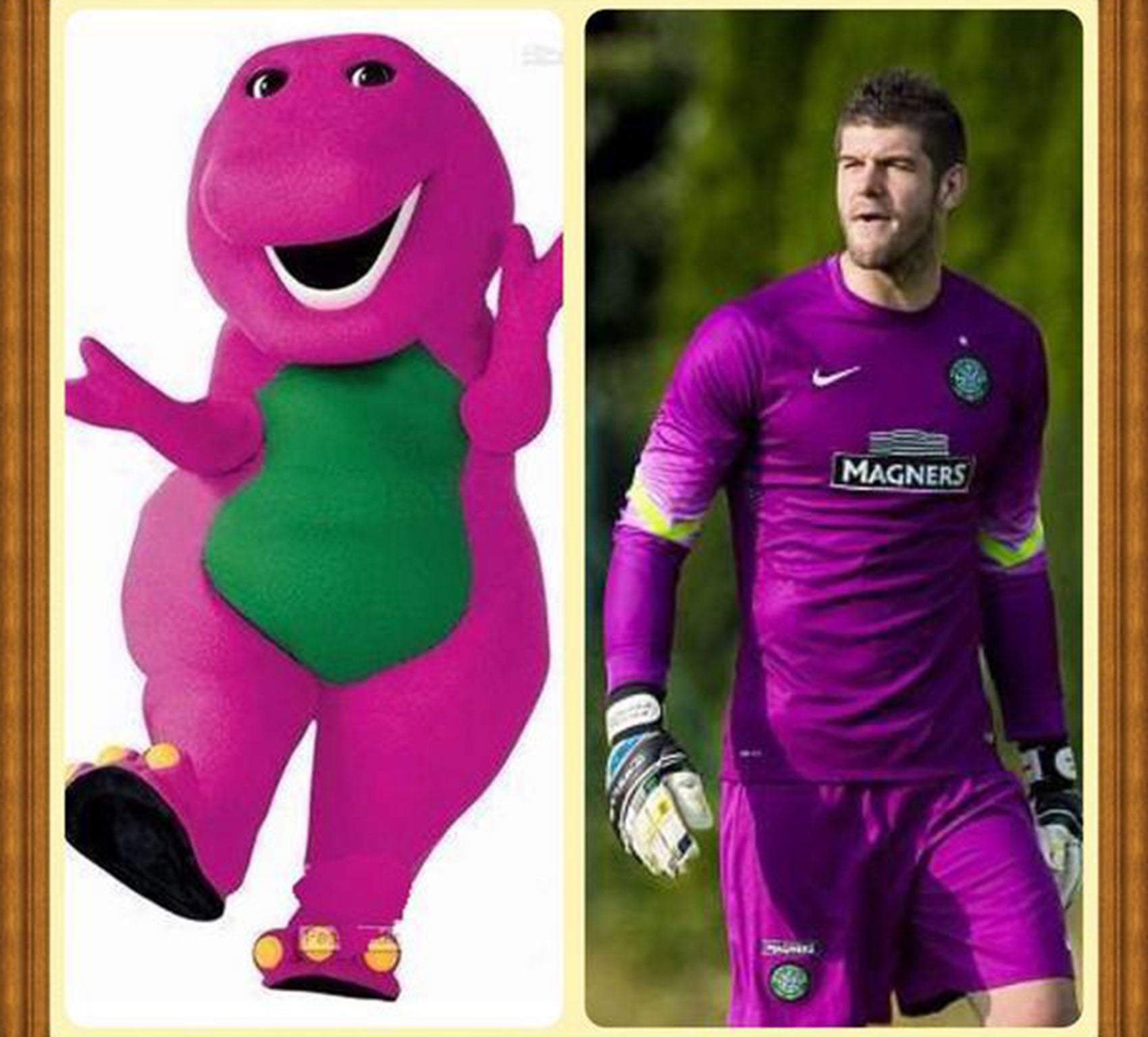 Fraser Forster posted a picture of himself and Barney the Dinosaur