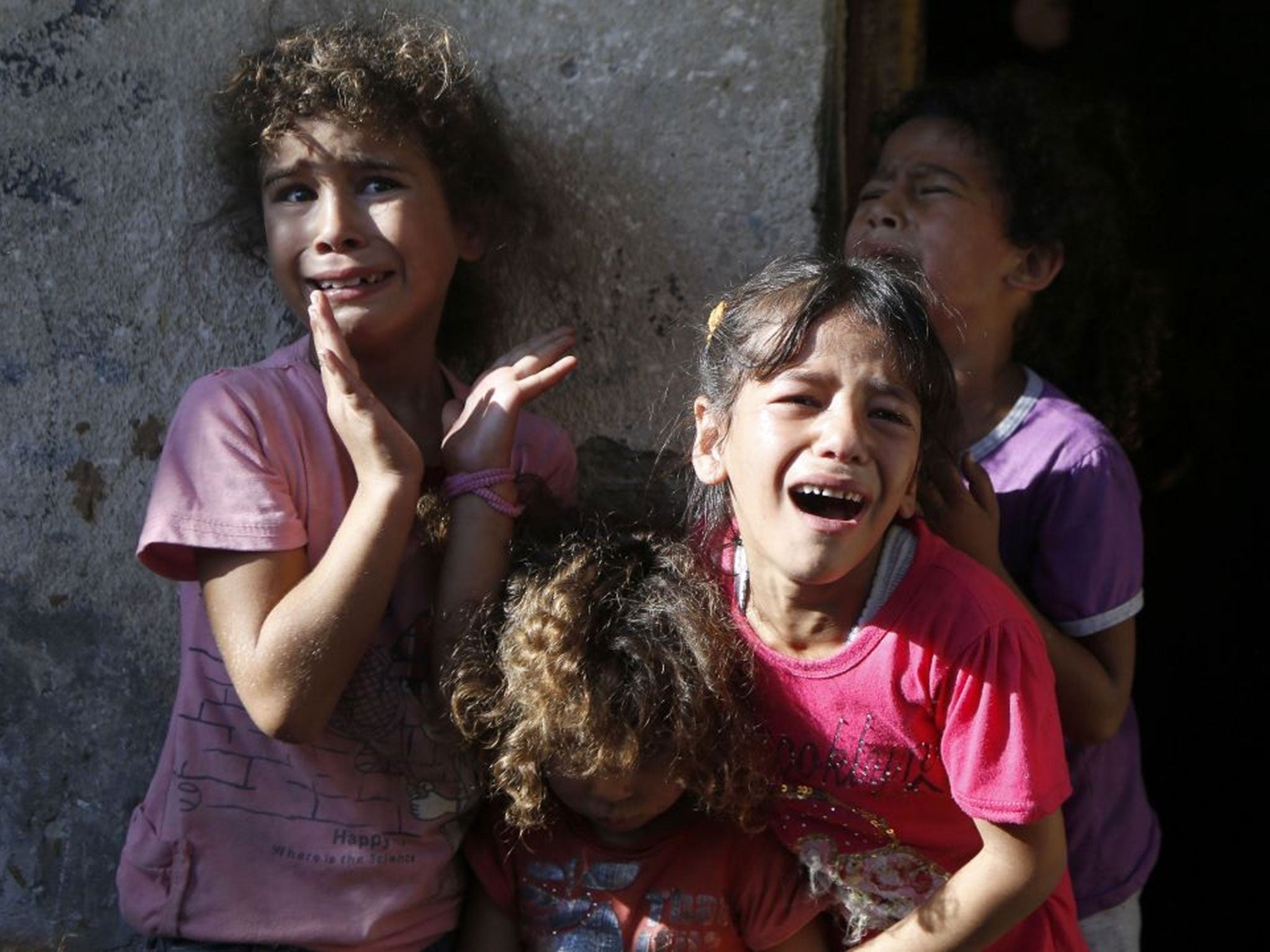 Young relatives of four boys, all from the Bakr family, killed during Israeli shelling, cry during their funeral in Gaza City, on July 16, 2014.