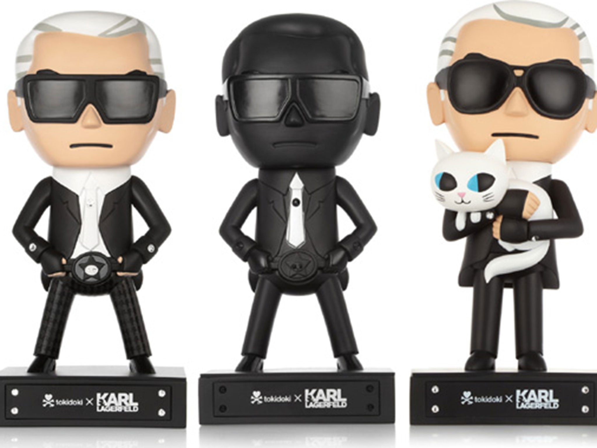 The three look-a-like character dolls from the capsule collection titled tokidoki x KARL LAGERFELD.