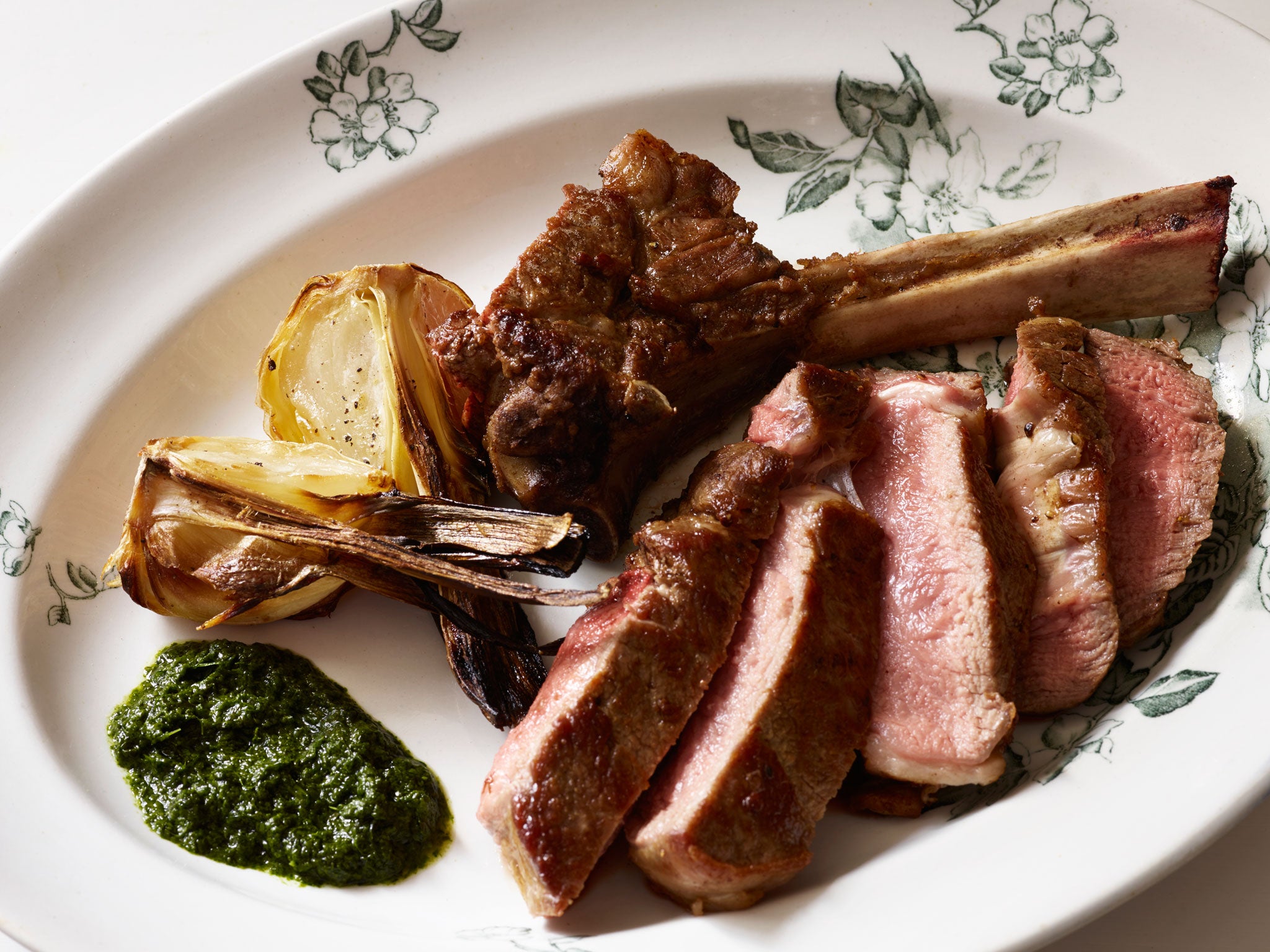 Veal chop with roasted new season Elephant garlic