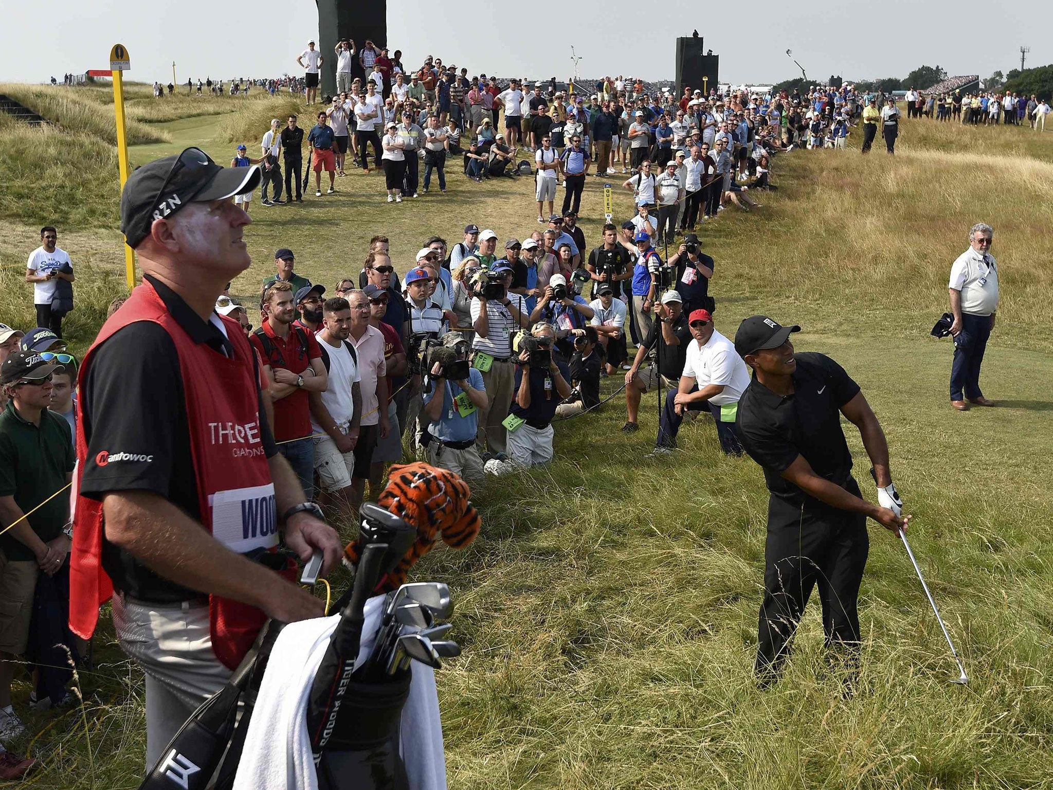 Tiger Woods found the rough on the 10th hole in a five over par second round