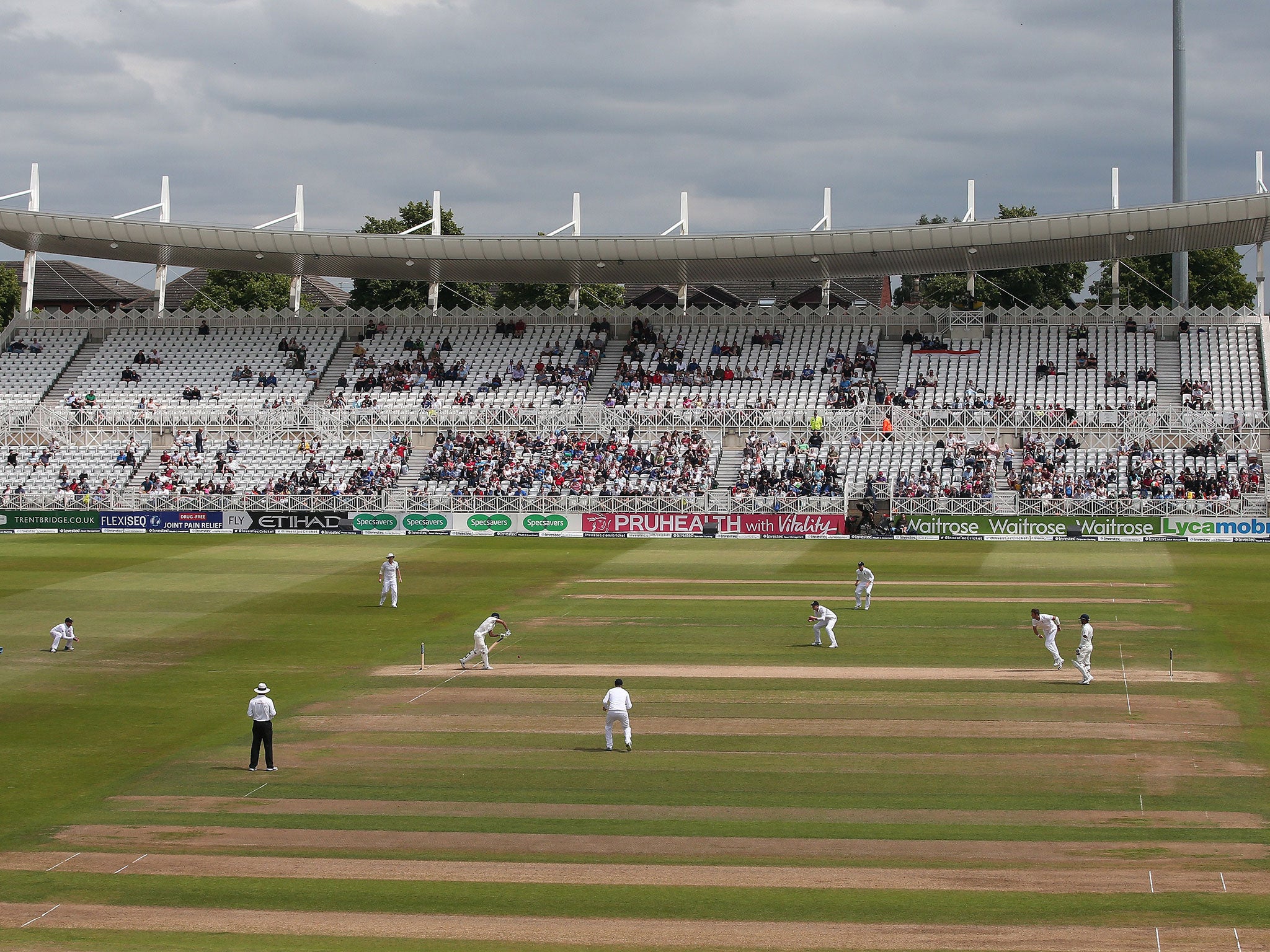 A general view shows the ground on the final day of the first cricket Test match between England and India at Trent Bridge