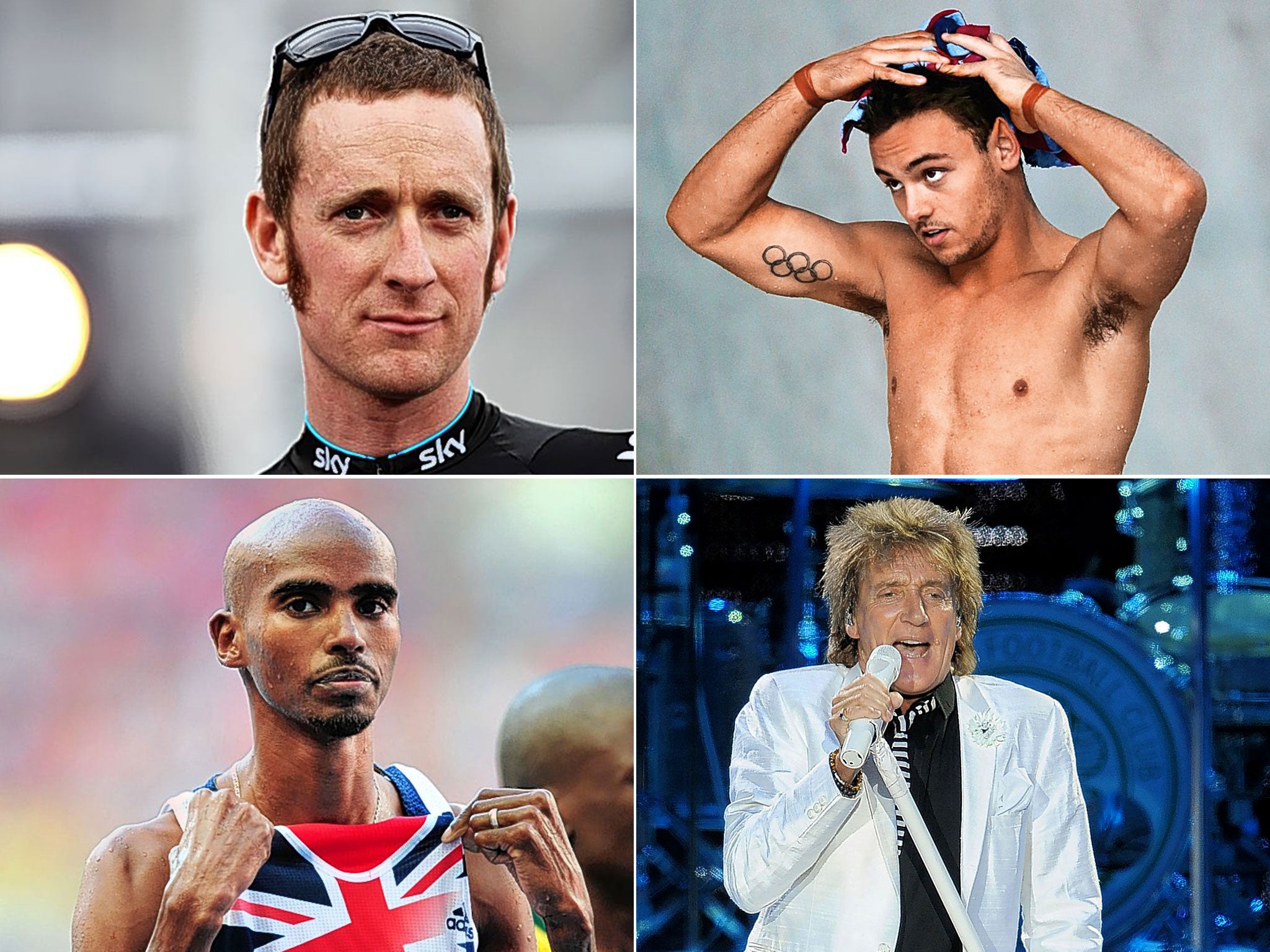 Sir Bradley Wiggins, Tom Daley, Mo Farah and Rod Stewart