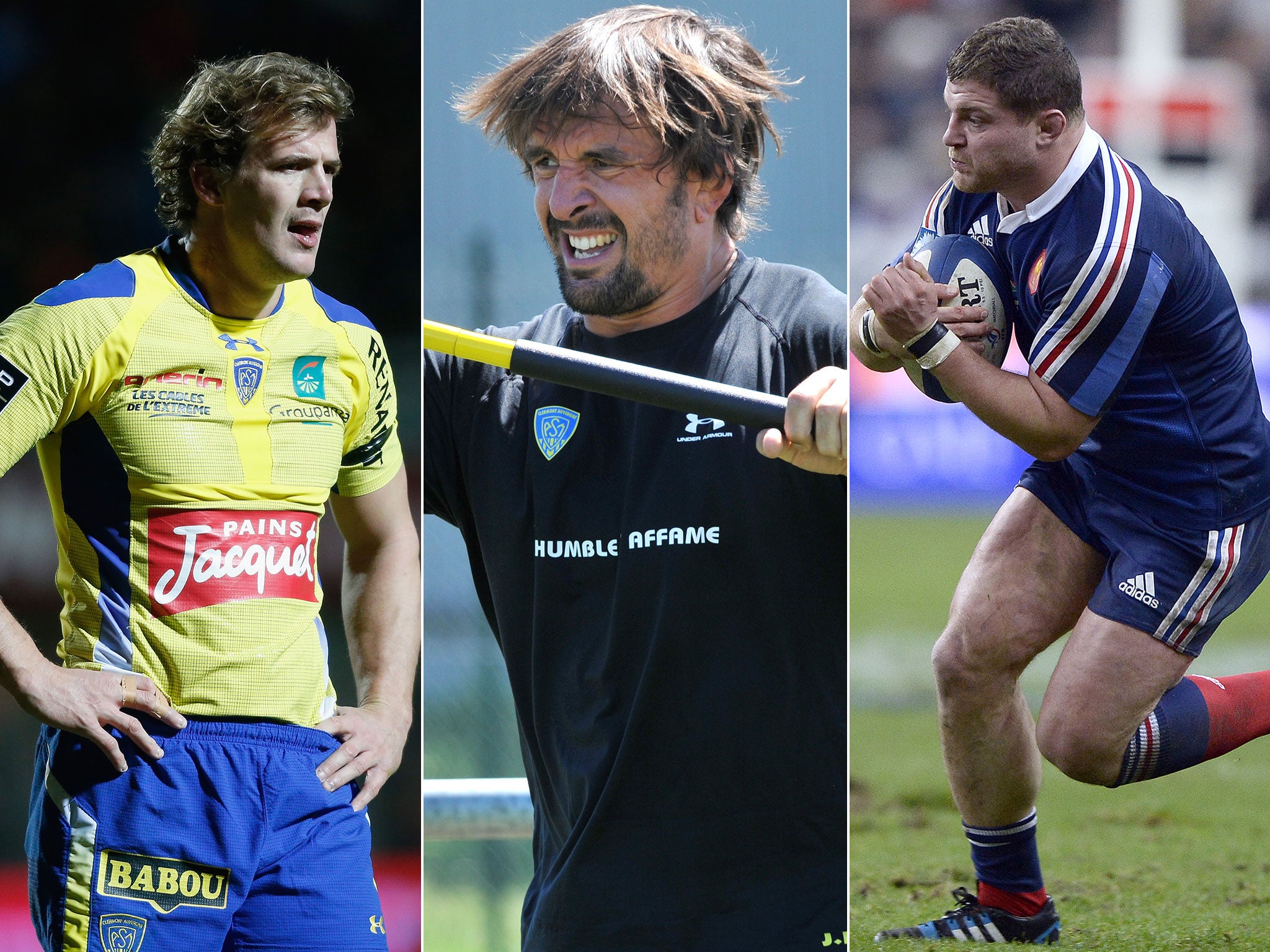 Clermont Auvergne players Aurelien Rougerie, Julien Pierre and Benjamin Kayser