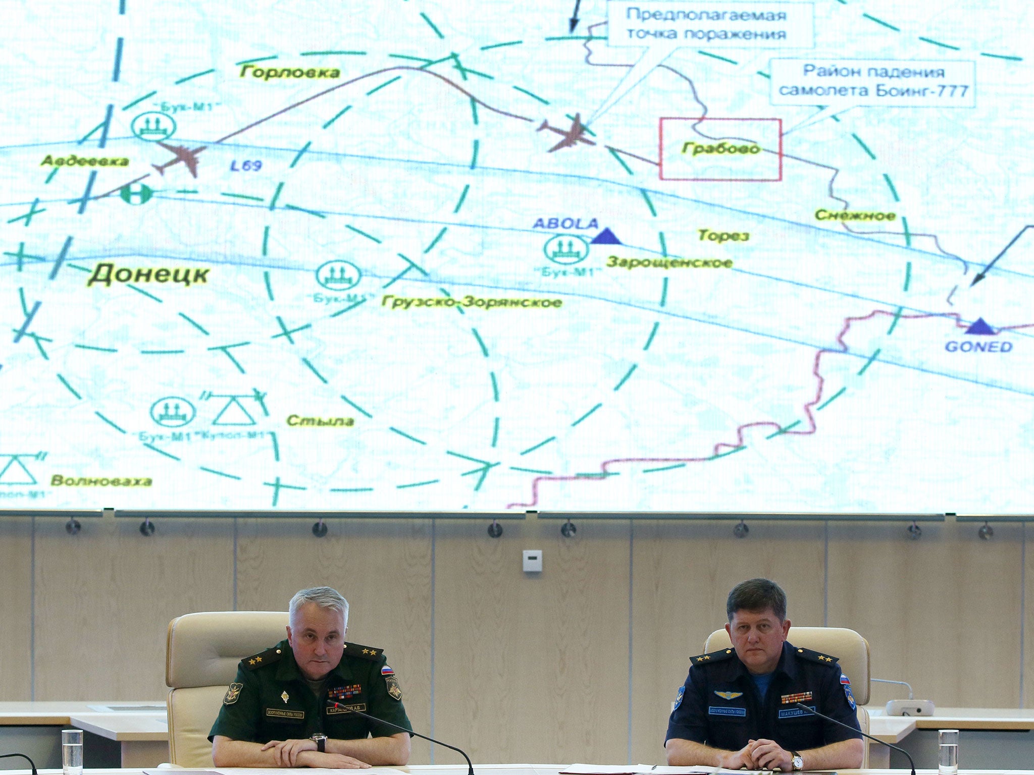 A map of the placement of air defense in the area of Donetsk is shown on the screen during a briefing by Lieutenant-General Andrei Kartopolov, Head of the Main Operative Department of the Russian General Staff, left, and Lieutenant-General Igor Makushev,