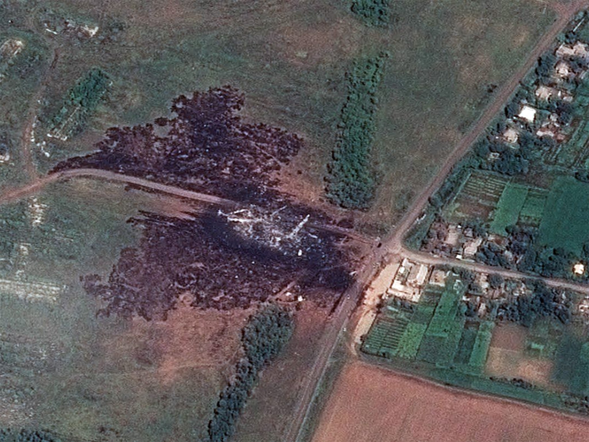 A satellite image showing the main crash site of flight MH17