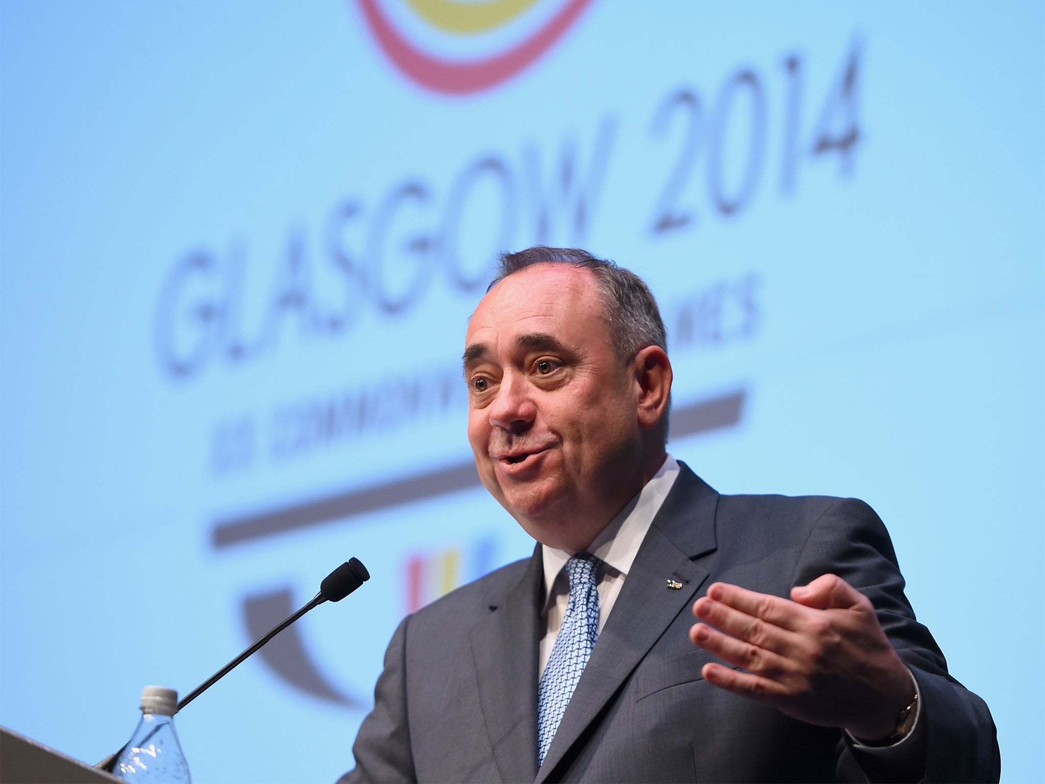 Alex Salmond First Minister of Scotland speaks at the Commonwealth Games media centre