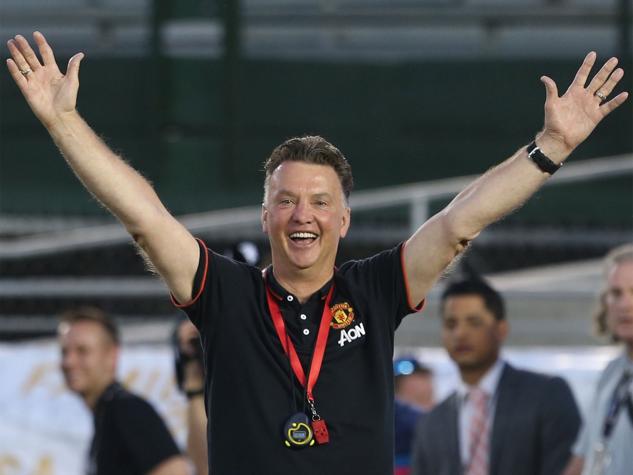 Louis van Gaal shows his delight during training this week