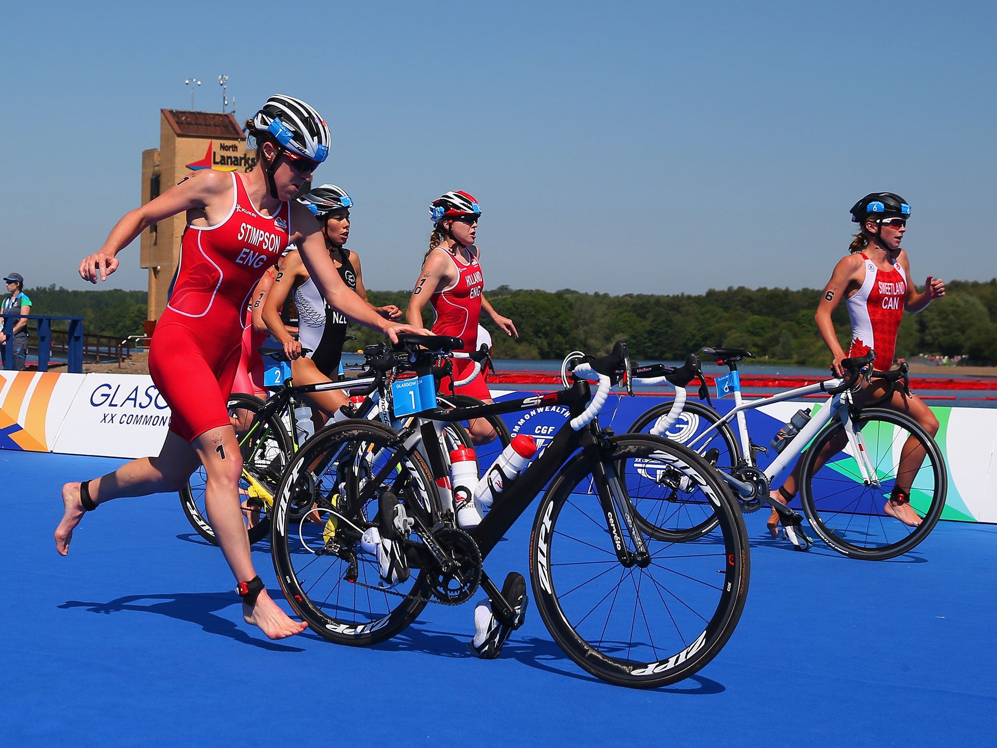 Jodie Stimpson at the transition from bike to run