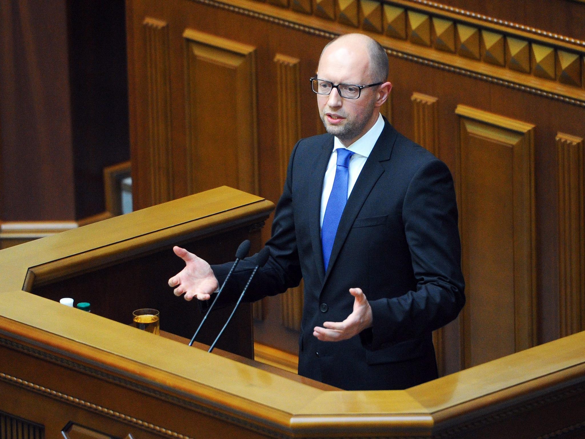 Ukrainian Prime Minister Arseny Yatseniuk addresses the parliament in Kiev, Ukraine