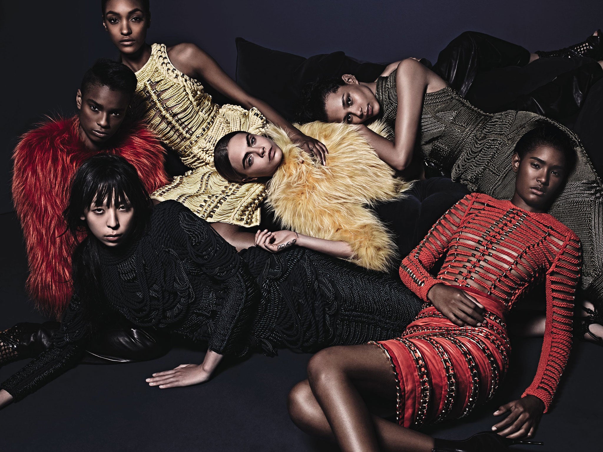 Balmain's autumn/winter 2014 campaign, shot by Mario Sorrenti and featuring Binx Walton, Cara Delevingne, Jourdan Dunn, Ysaunny Brito, Issa Lish and Kayla Scott