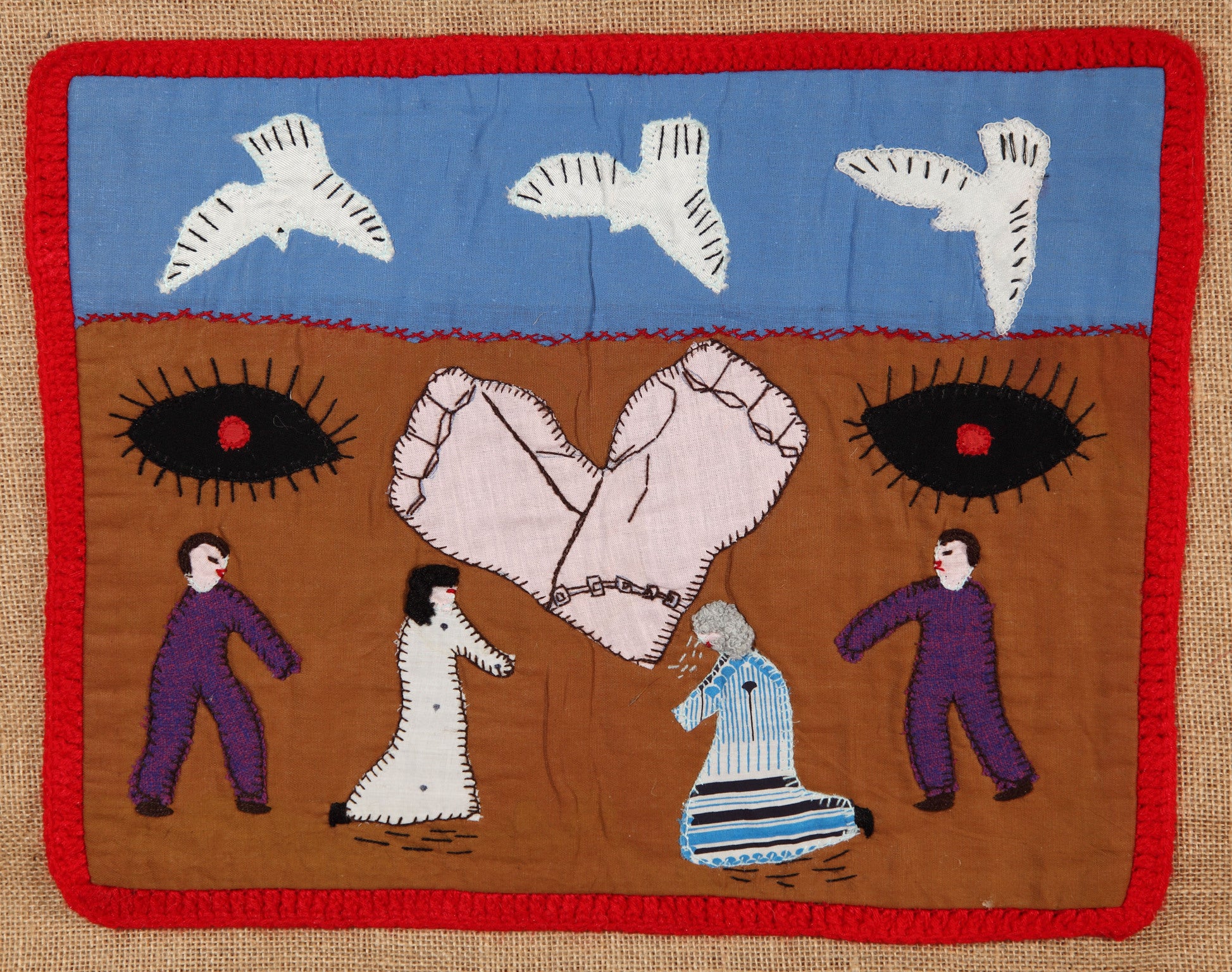 Chilean Arpilleras wall hanging: Dónde están nuestros hijos, Chile Roberta Bacic's collection