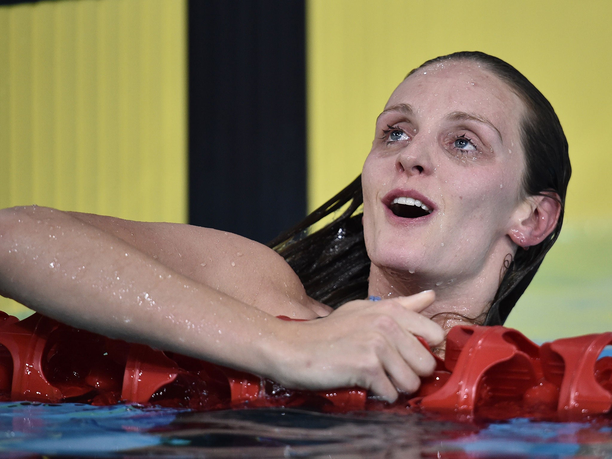 Fran Halsall looks delighted after her superb win in the 50m sprint