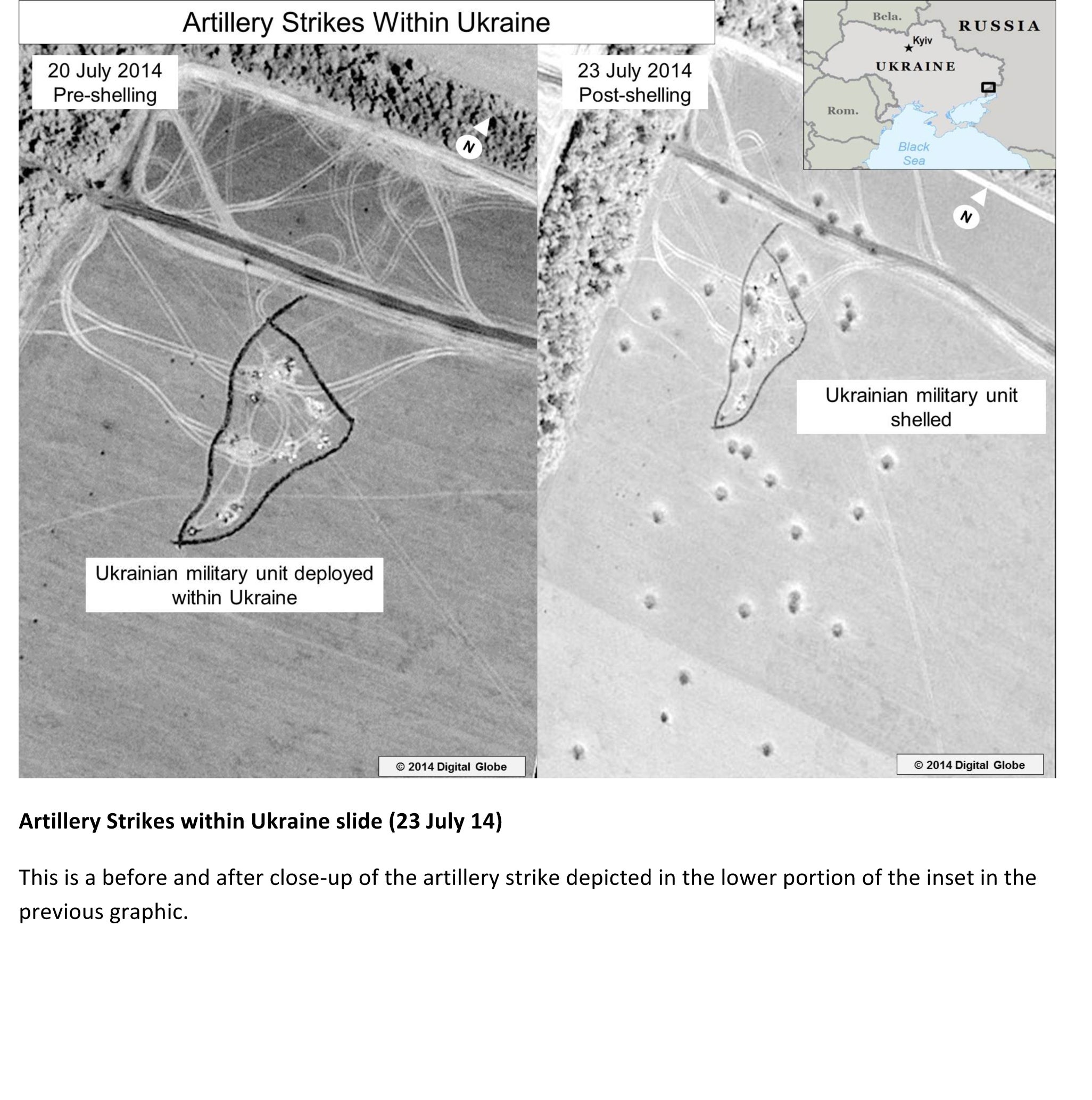 A satellite image from the US State Department that purports to shows a before and after close-up of artillery strikes