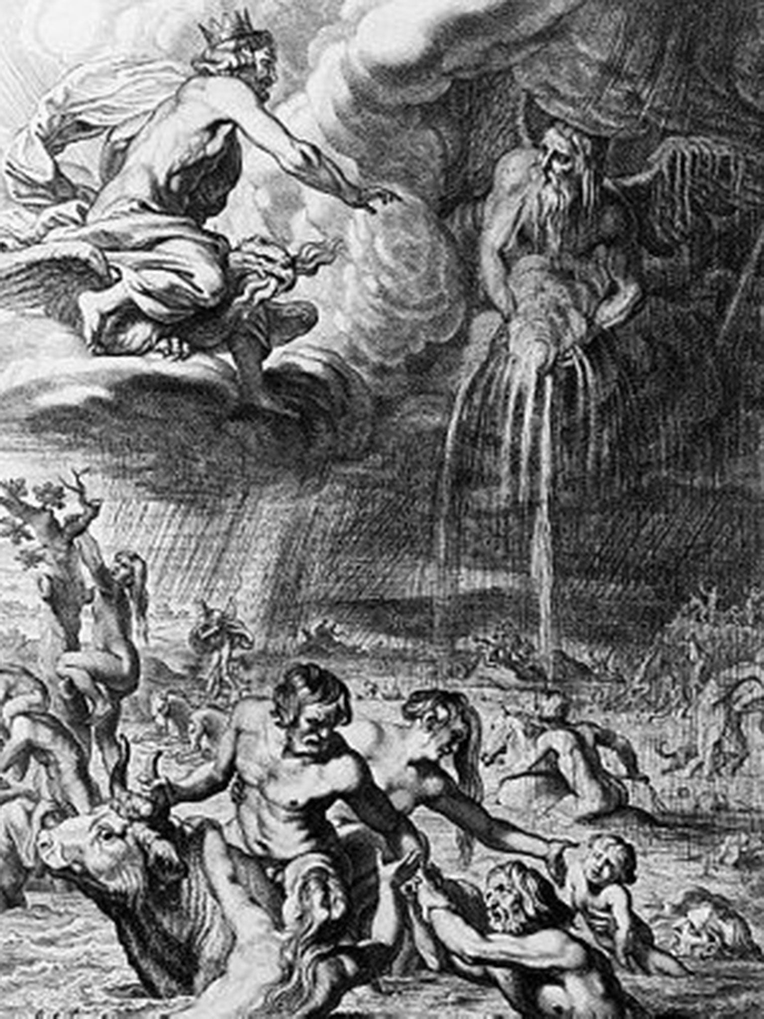 Zeus kills humanity with perpetual rain. An illustration depicting the end of the world, from a 1665 edition of Ovid's "Metamorphoses"