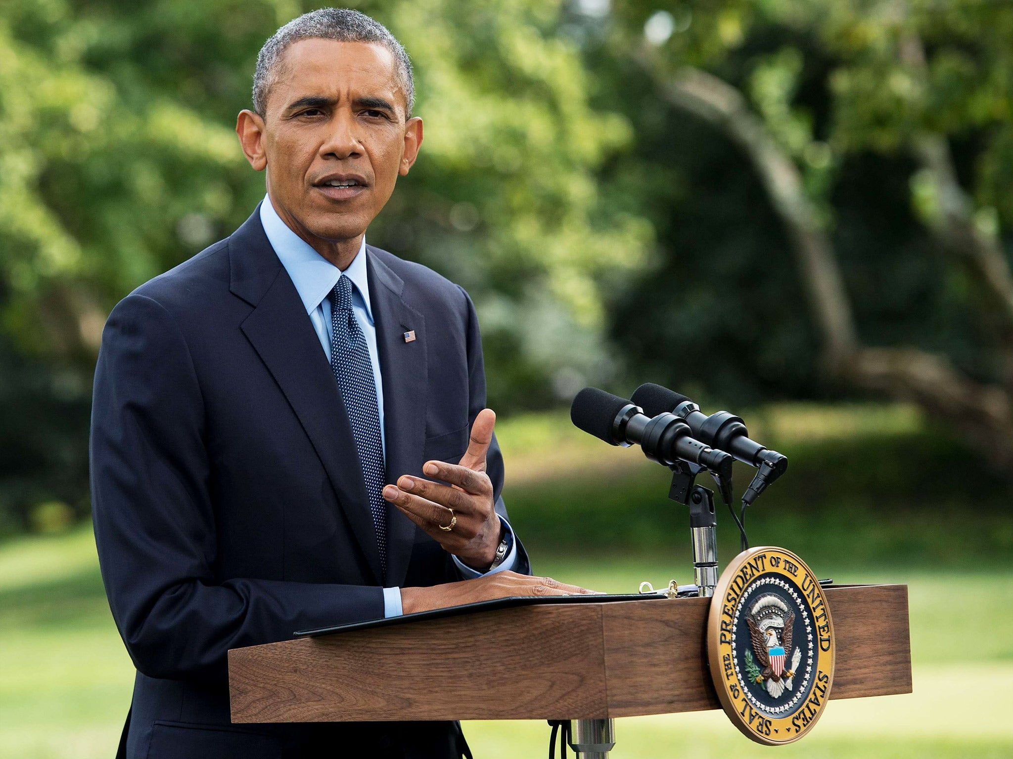 President Obama makes a statement on the situation in Ukraine on the South Lawn of the White House