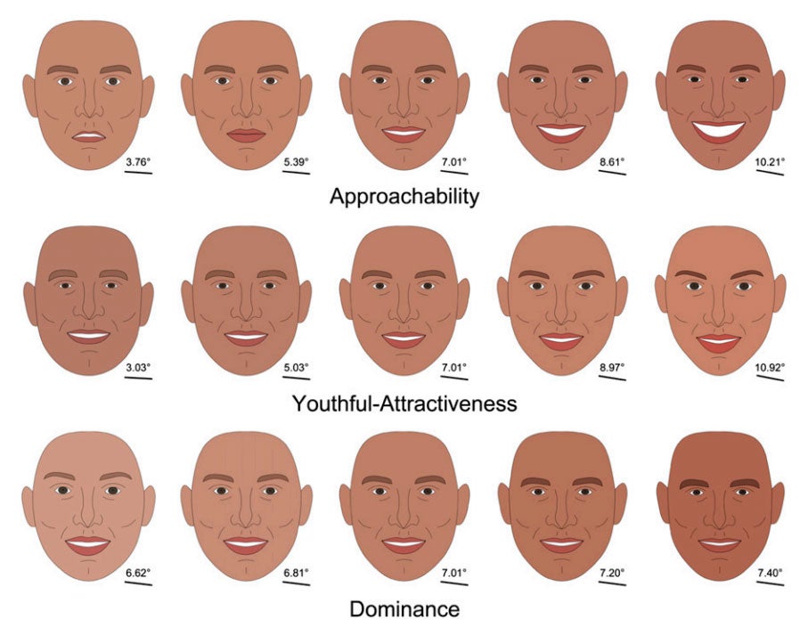 The cartoon faces used by the researchers to predict snap judgements. Image: PNAS