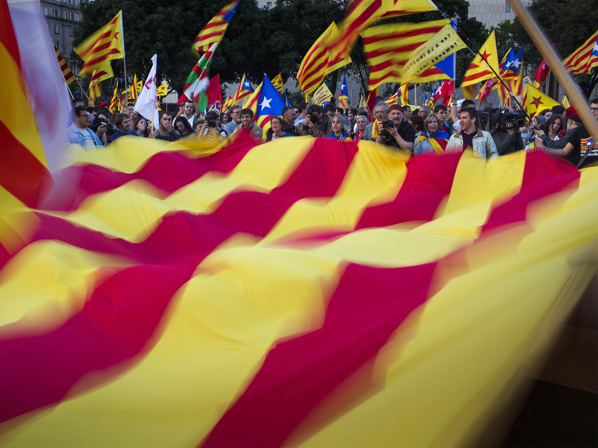 Catalan demonstrators wave a pro-independence "estelada" flag during a protest in Barcelona last month