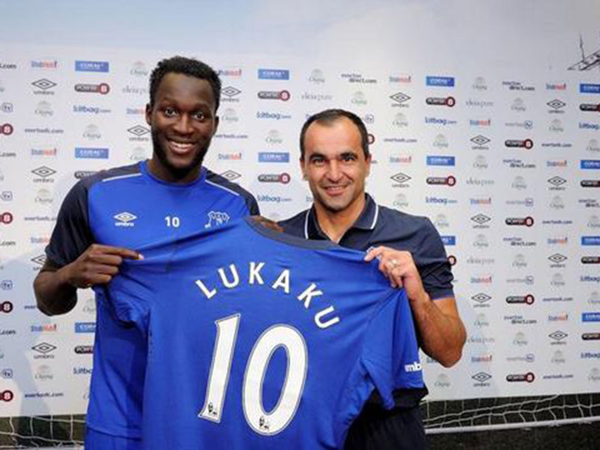 Romelu Lukaku is presented by Roberto Martinez as an Everton player following his £28m move