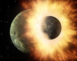 Boom! and there was Moon: an artist's illustration of the collision between an early Earth and a Mars-sized body.