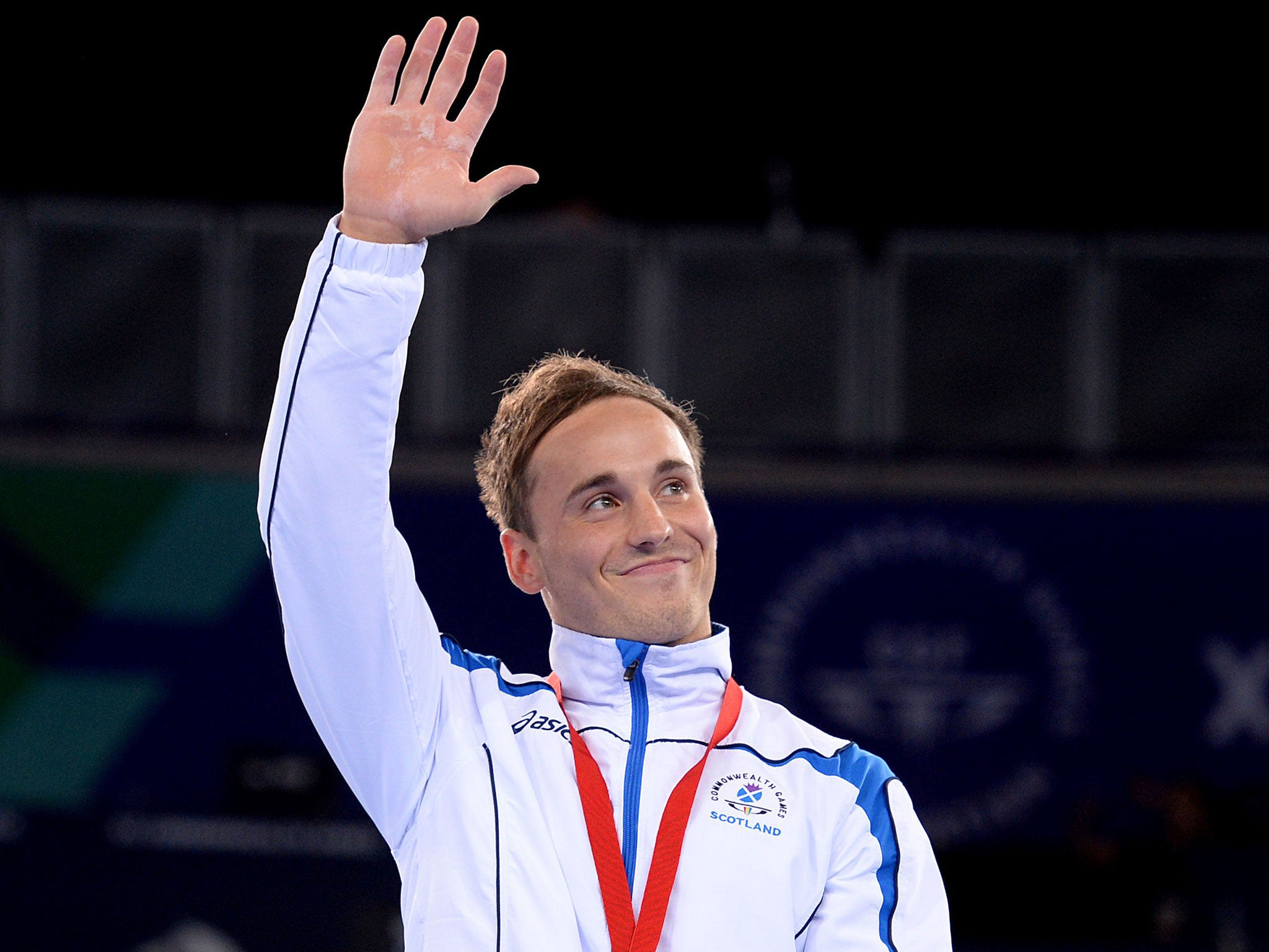 Daniel Keatings celebrates his success in the pommel horse