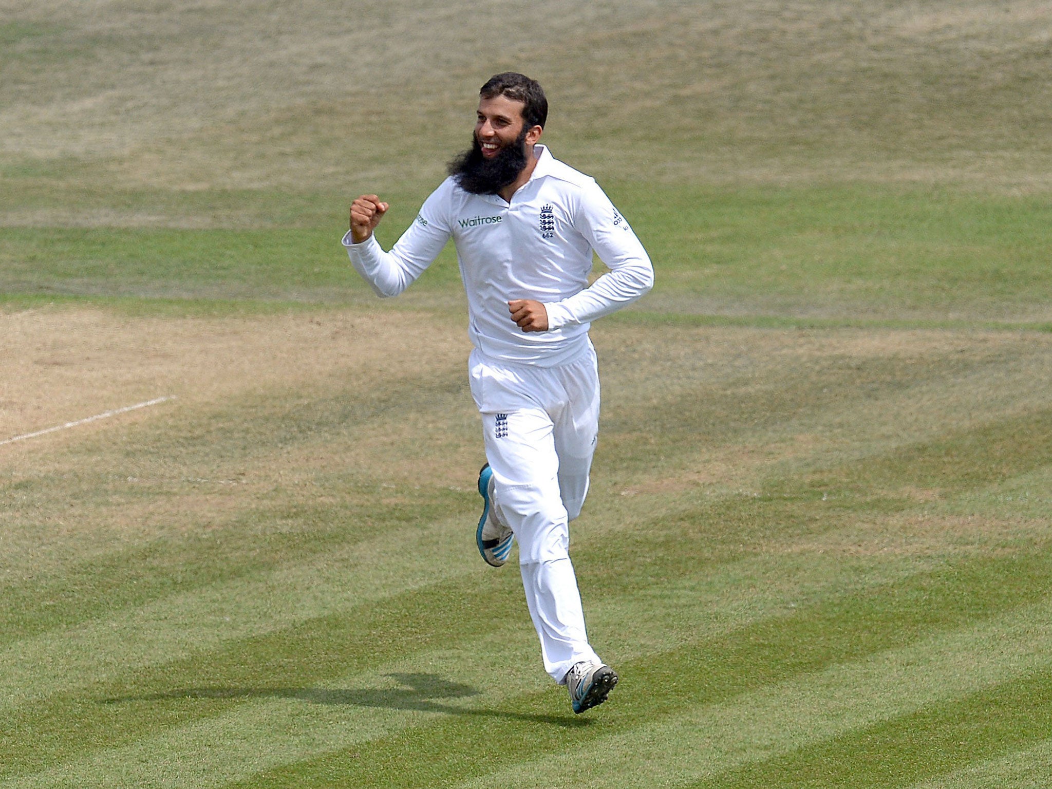 England’s Moeen Ali celebrates taking the wicket of India’s Mohammed Shami yesterday