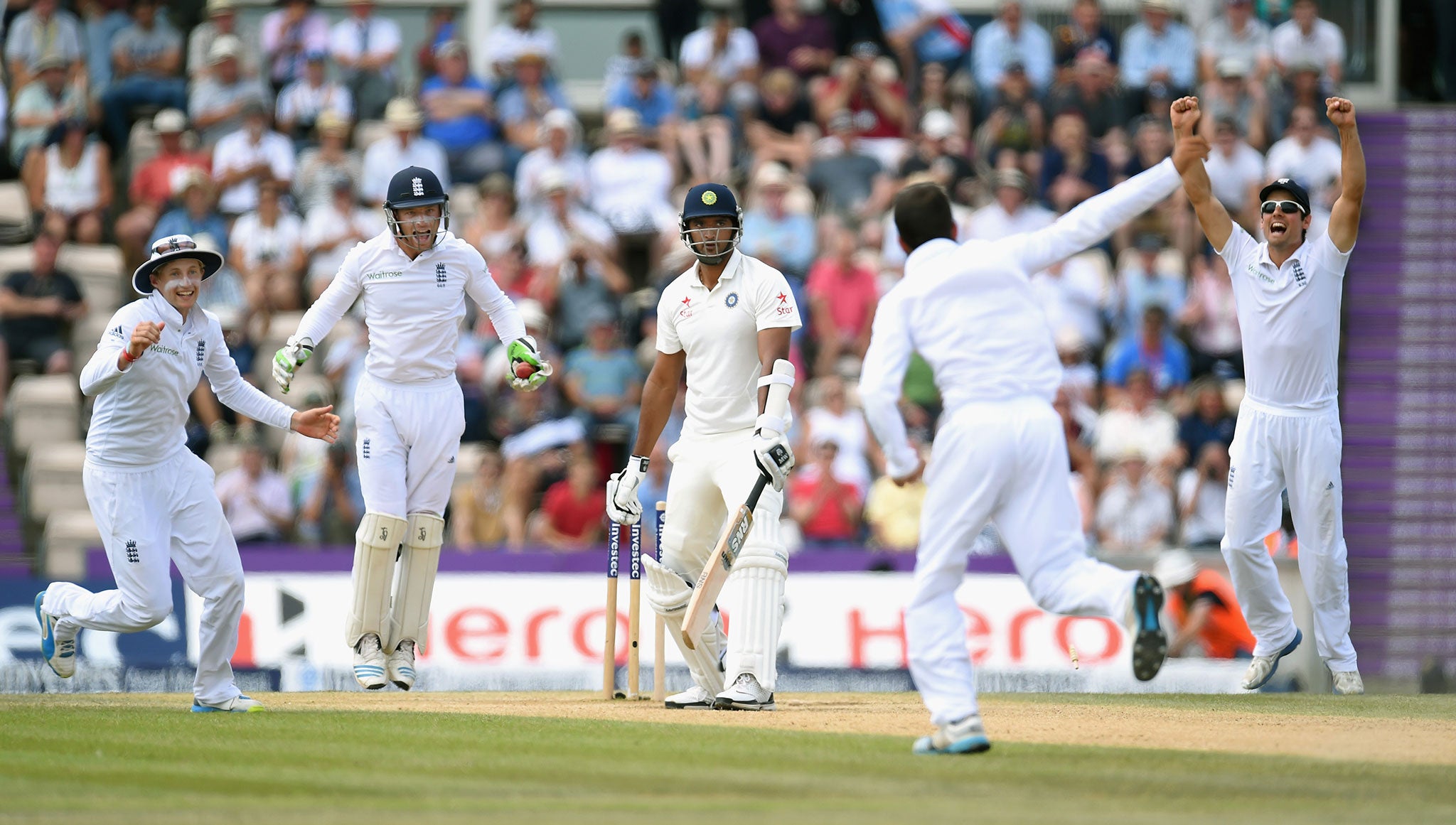 England players celebrate after Moeen Ali takes the final wicket of Pankaj Singh to win the match and level the series at Southampton yesterday